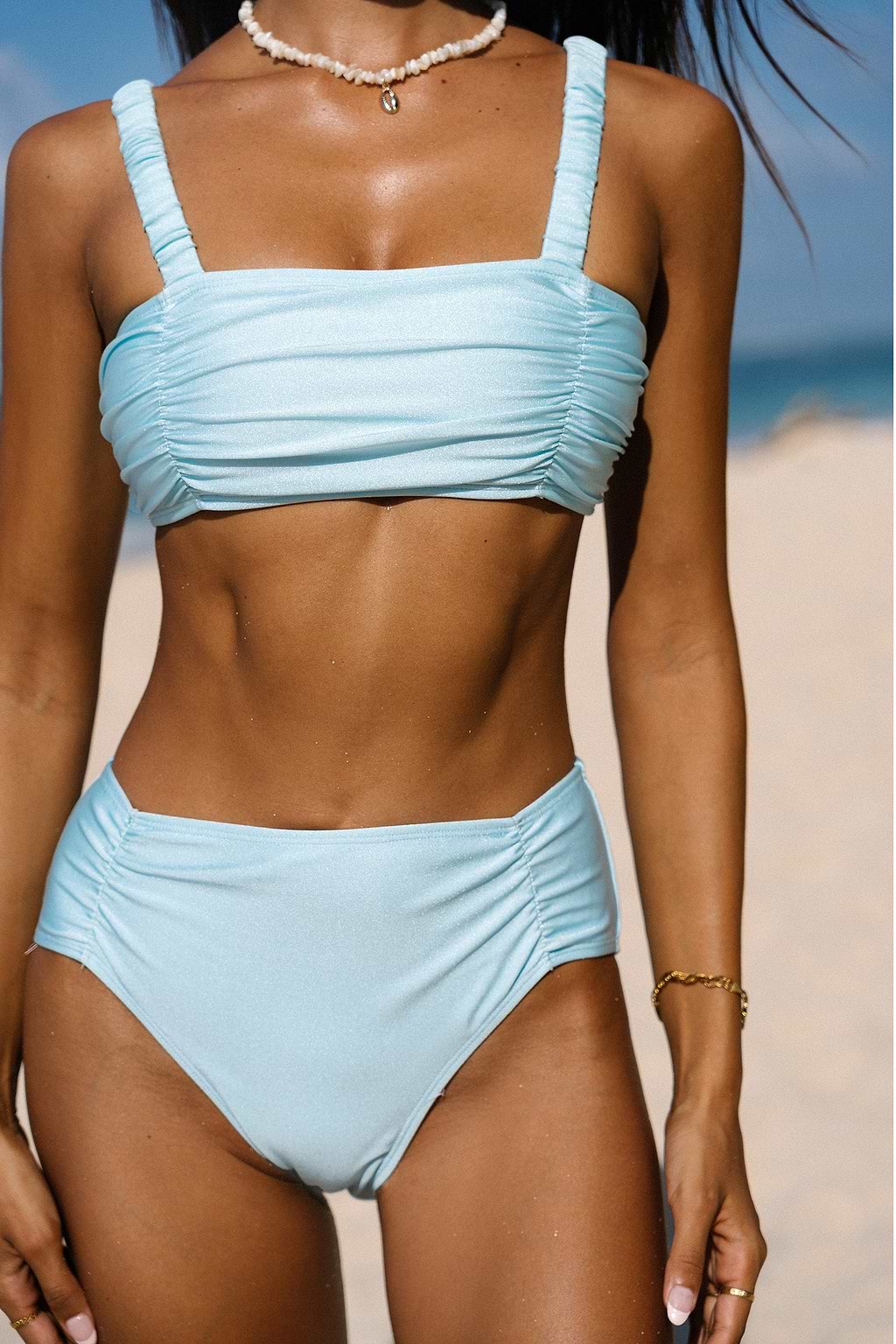 Sparkle Sky Blue Ruched Top & Mid Rise Hipster Bikini Set