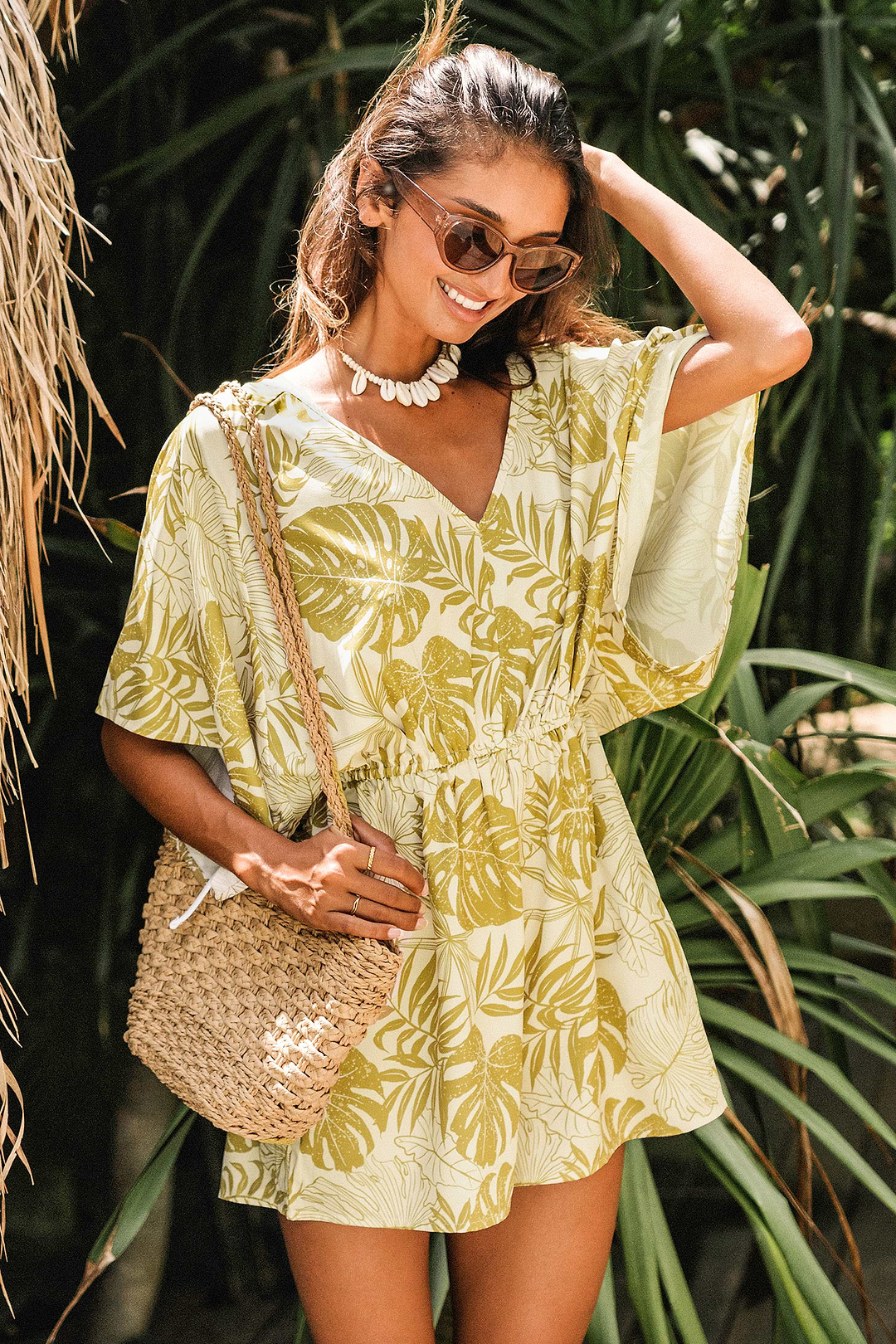 Tropical Leaf Print Bell Sleeve Romper