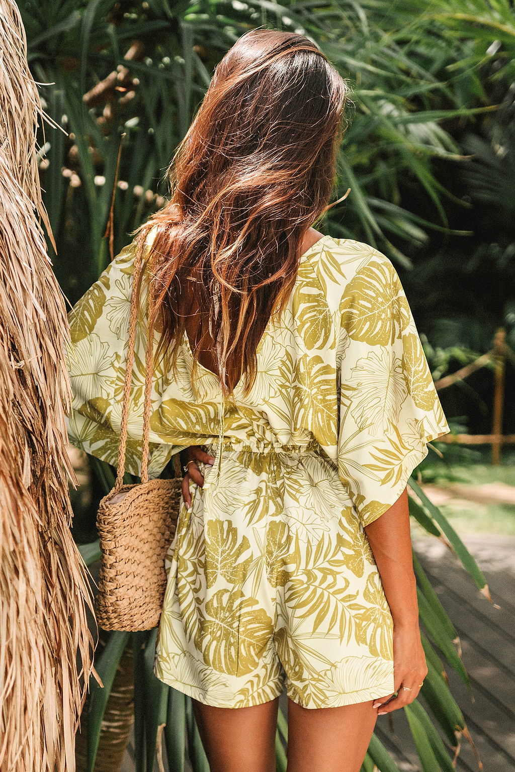 Tropical Leaf Print Bell Sleeve Romper