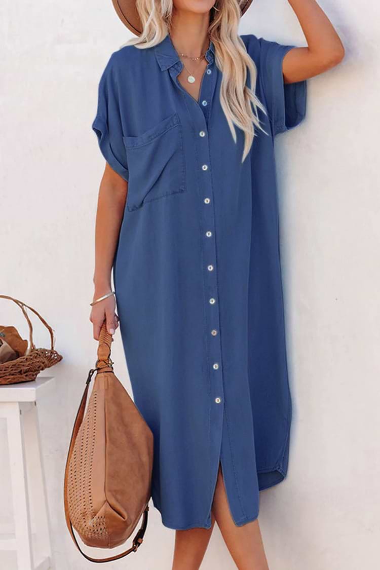 Robe chemise midi en chambray à manches courtes