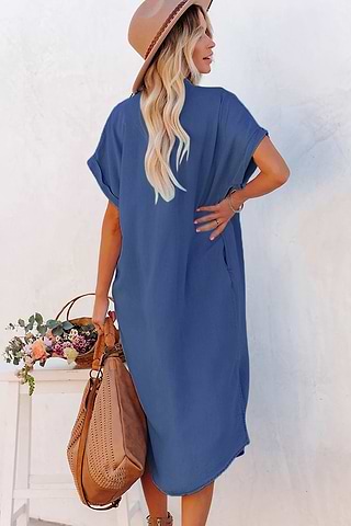 Robe Midi Imprimée Florale Out To Brunch - Manches Courtes, Poches, Bleu Marine, Neuve Sans étiquette