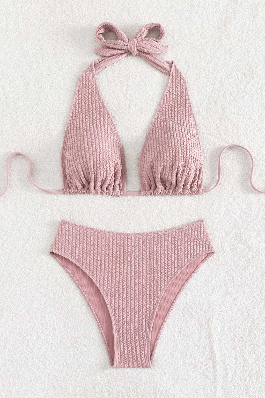 Rib Plunging Halter Top & High Waist Bikini Set