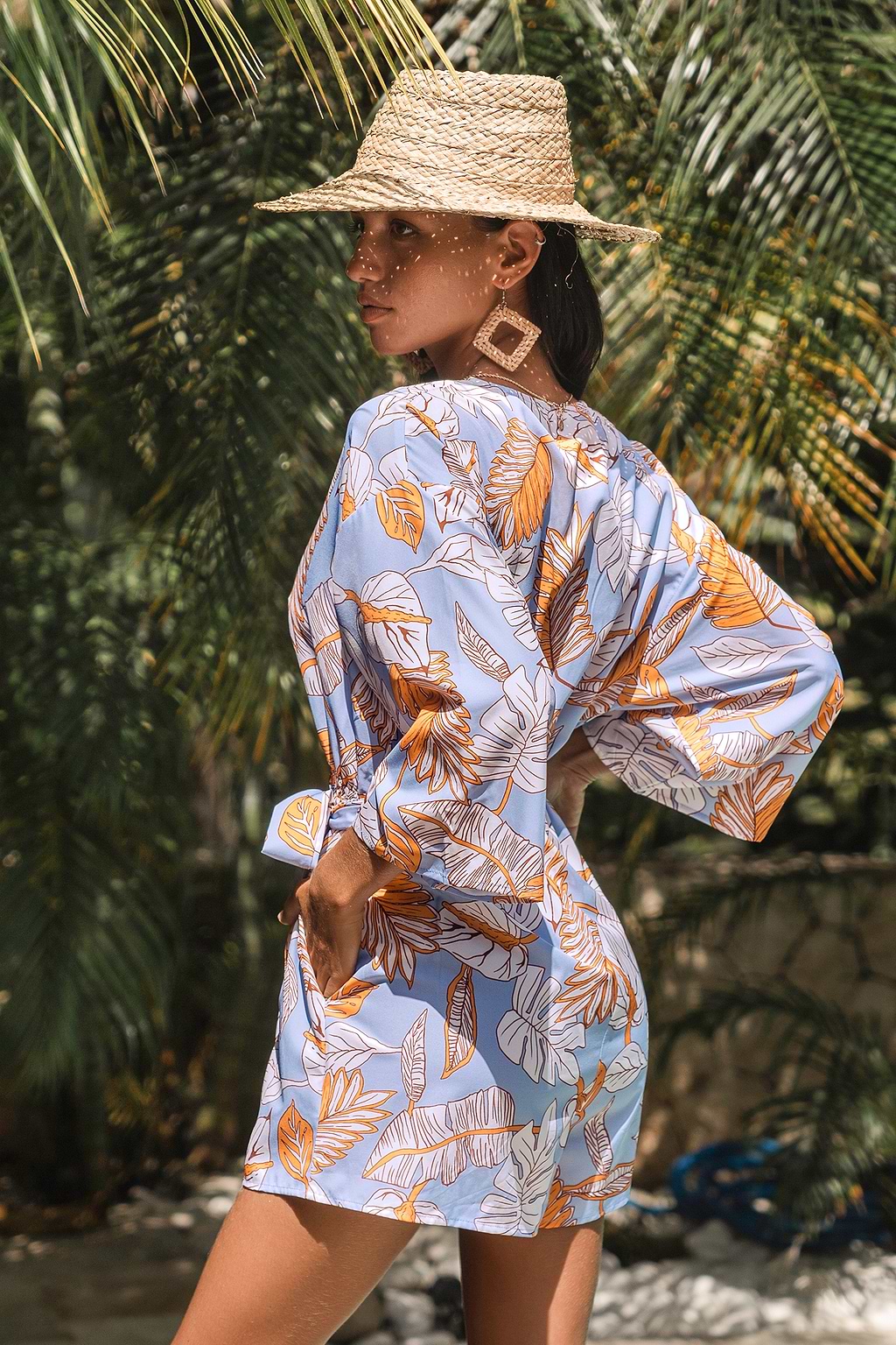 Belted Tropical Palms Romper