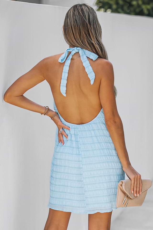 Ruched Backless Halter Mini Dress