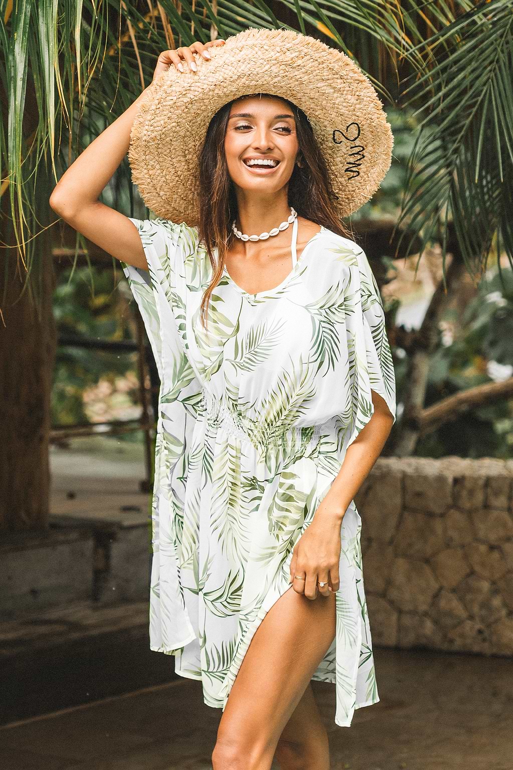 Tropical Leaf Print Round Neck Cover-Up Dress