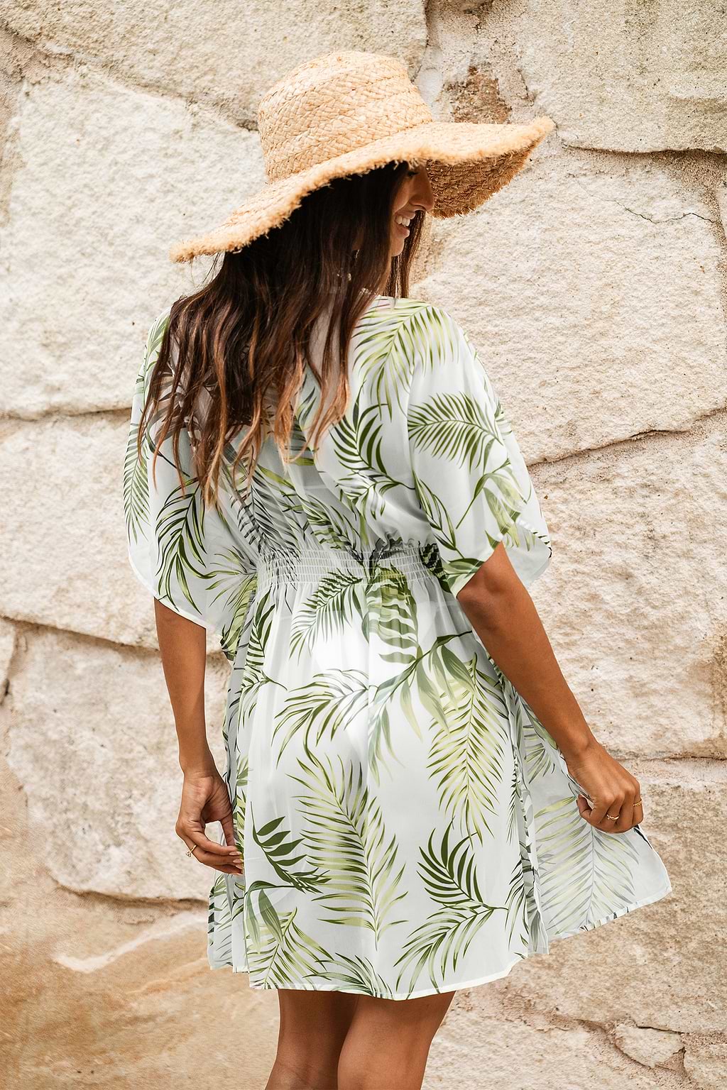 Tropical Leaf Print Round Neck Cover-Up Dress