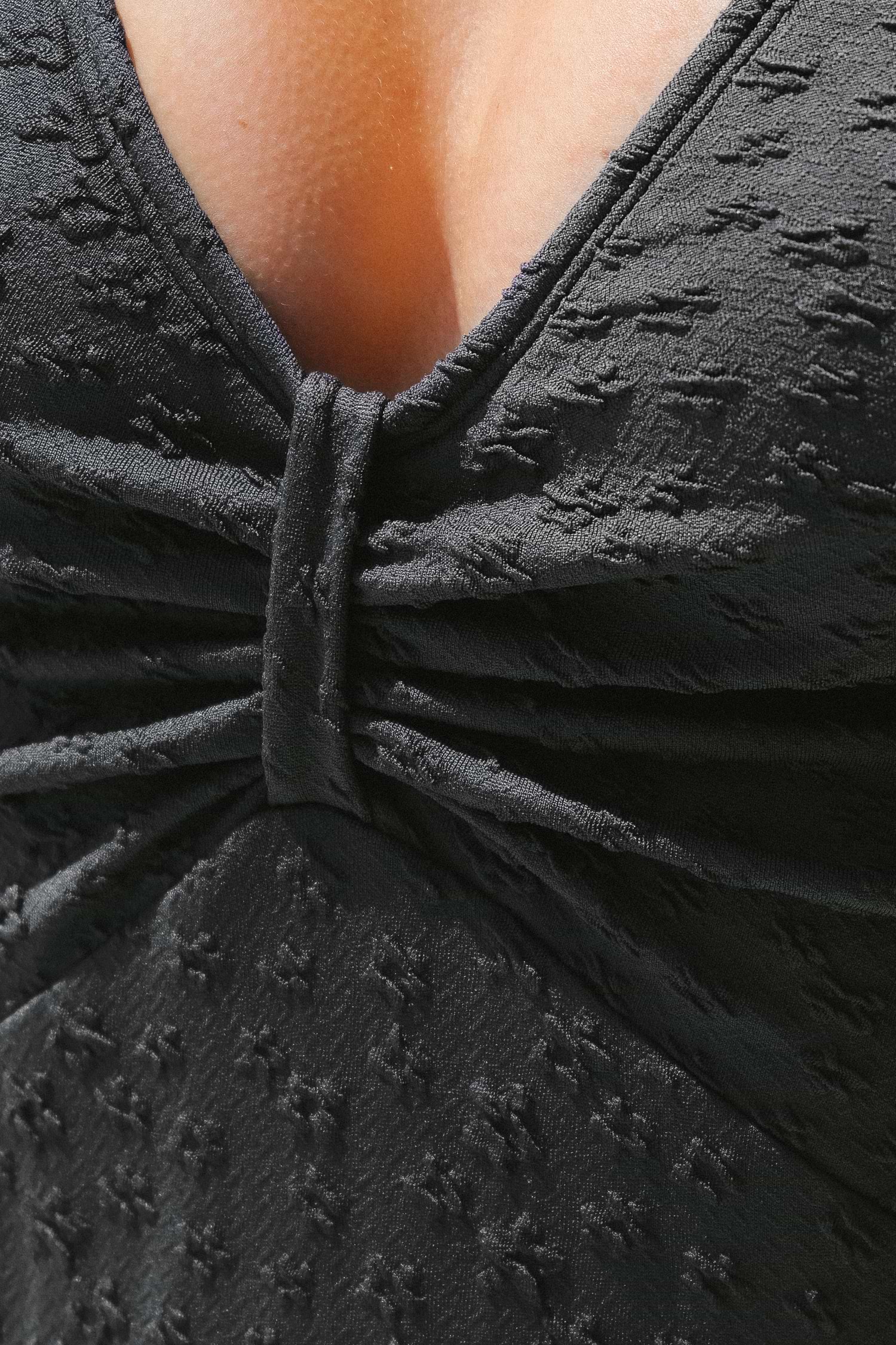 Daisy Jacquard Ruched Plunge Black One Piece Swimsuit