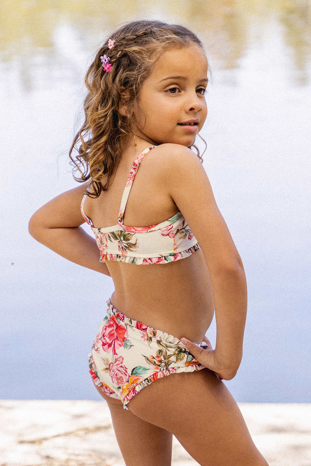 Girls Elegant Rose Ruffled Top & Mid Rise Bikini Set