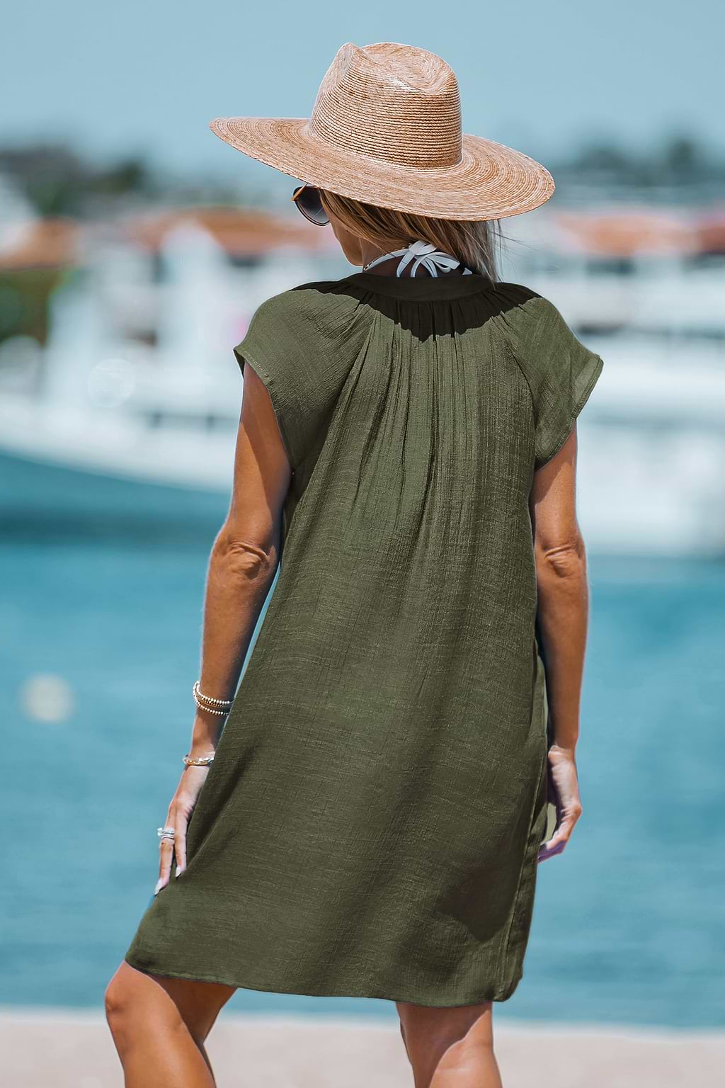 Split Neck Short Sleeve Cover-Up Dress