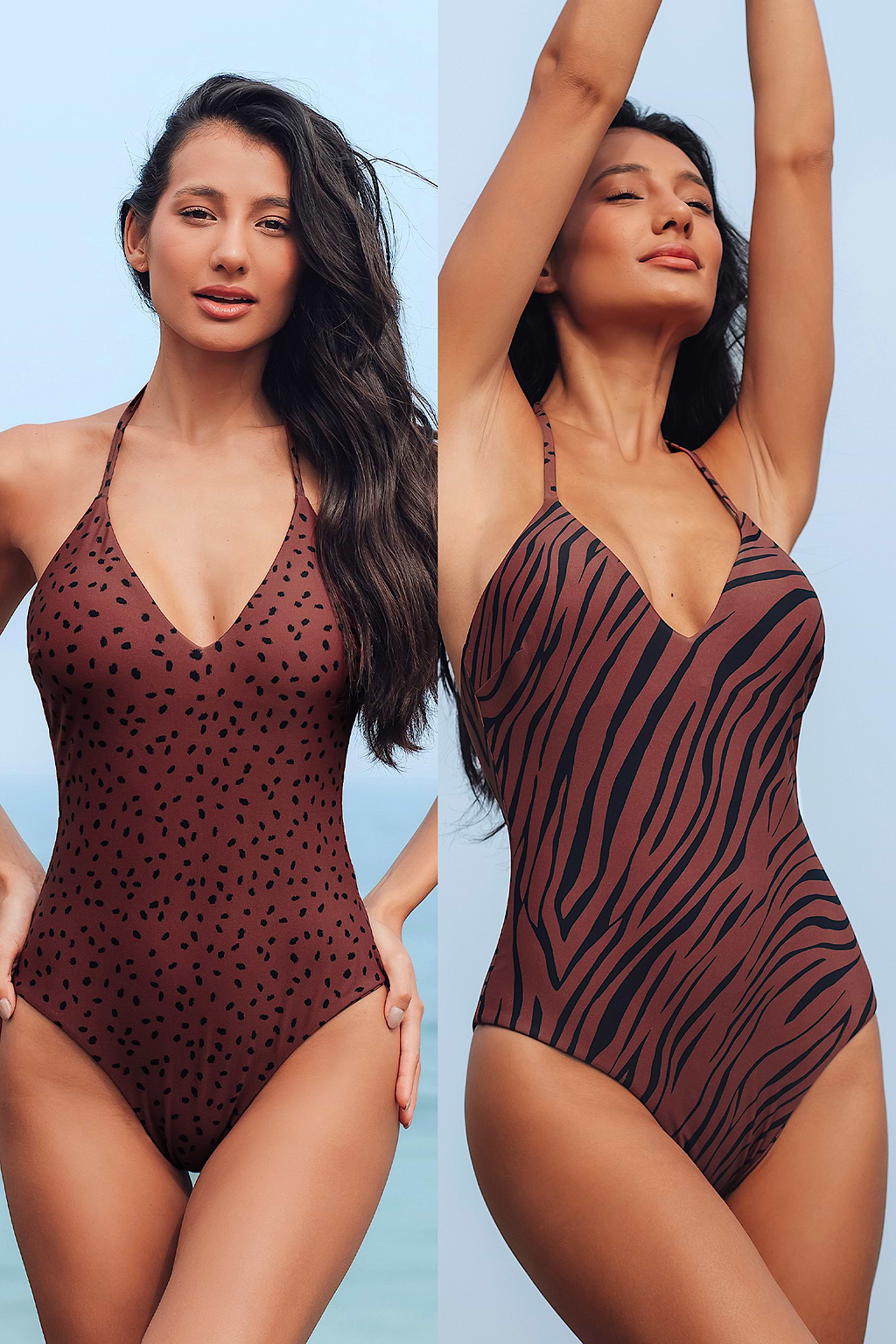Reversible Zebra Wave Mini Dot Halter One Piece Swimsuit