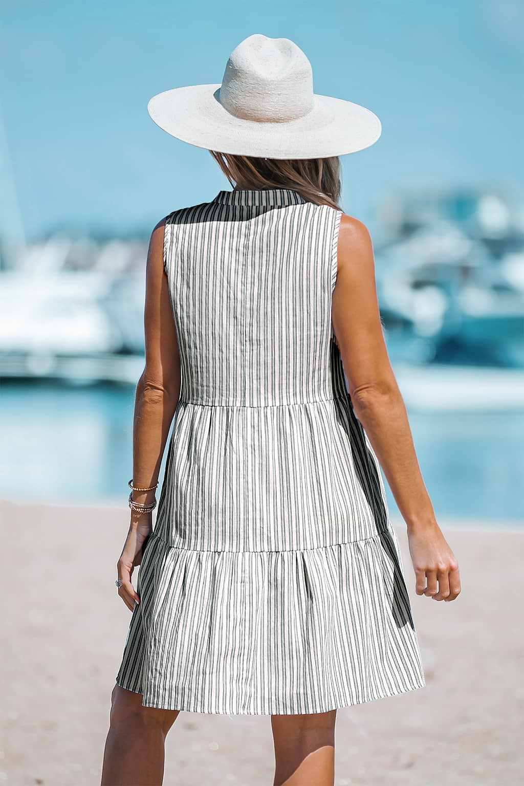 Striped Split Neck Ruffled Mini Dress