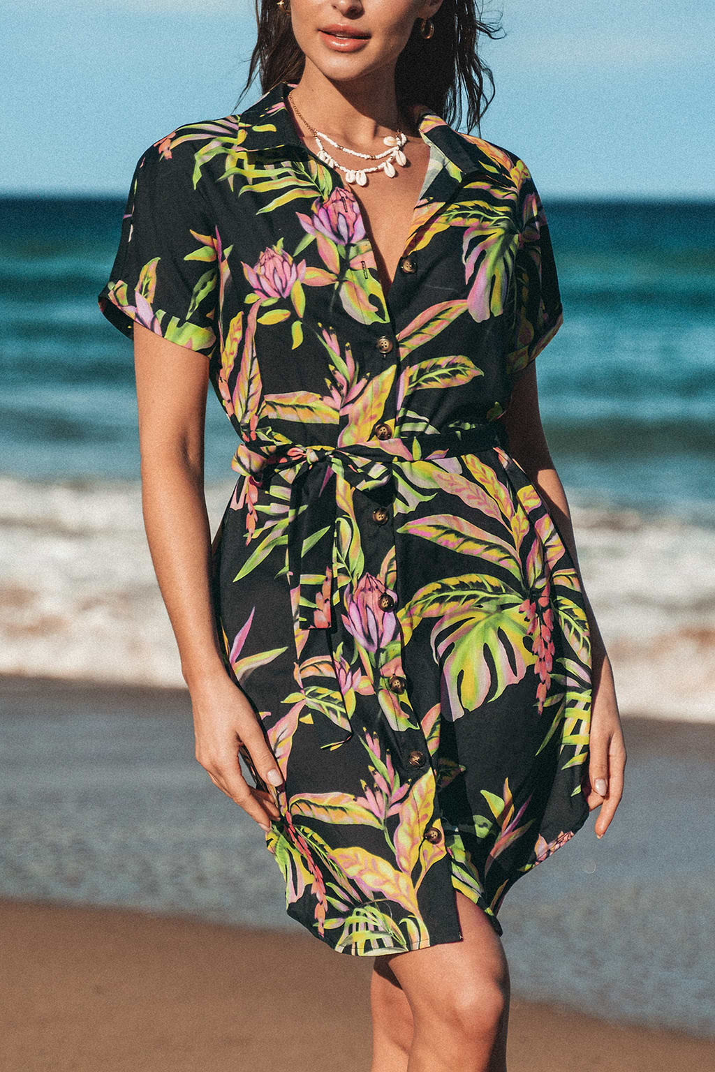 Tropical Leaf Shirt Collar Dress