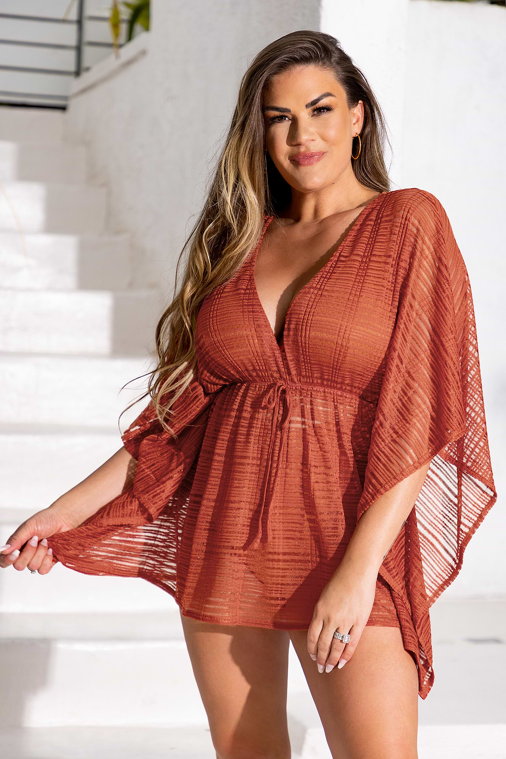Striped Mesh Drawstring Cover-Up Dress