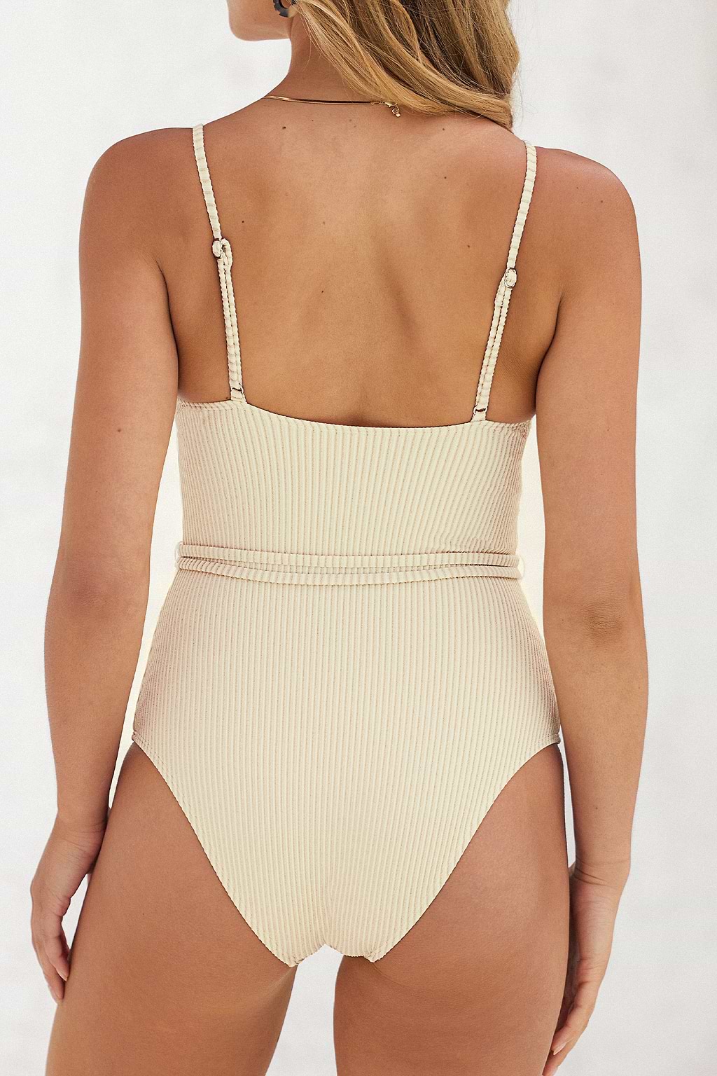 Belted Oatmeal Lurex Scoop Neck One Piece Swimsuit