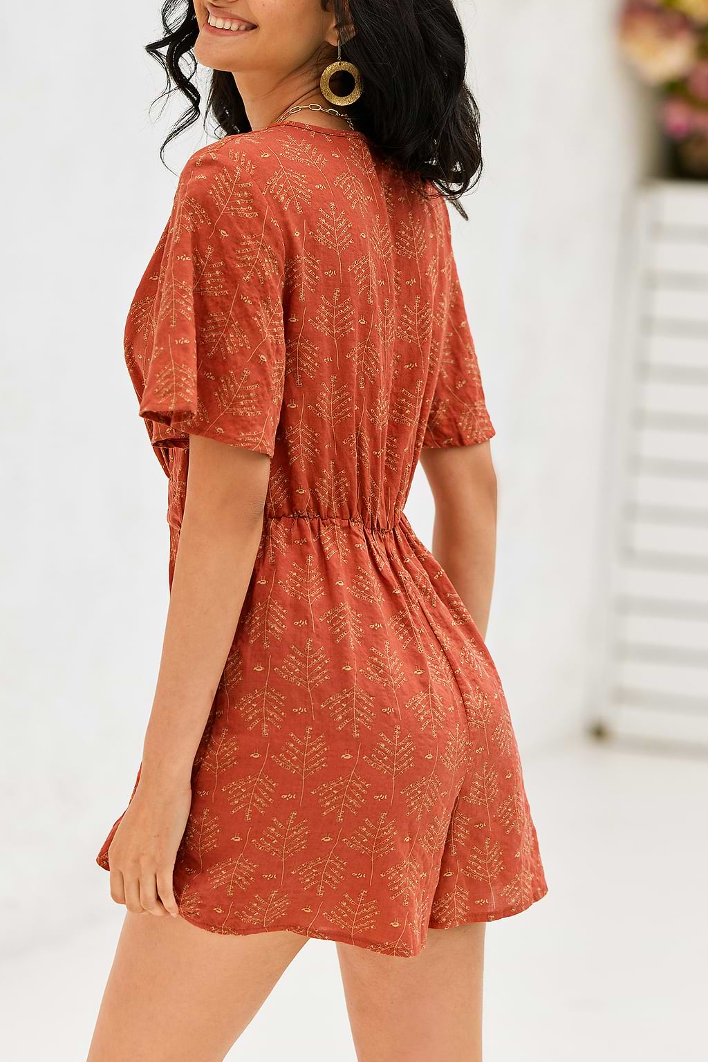 Abstract Leaf Print Tie Sash Romper