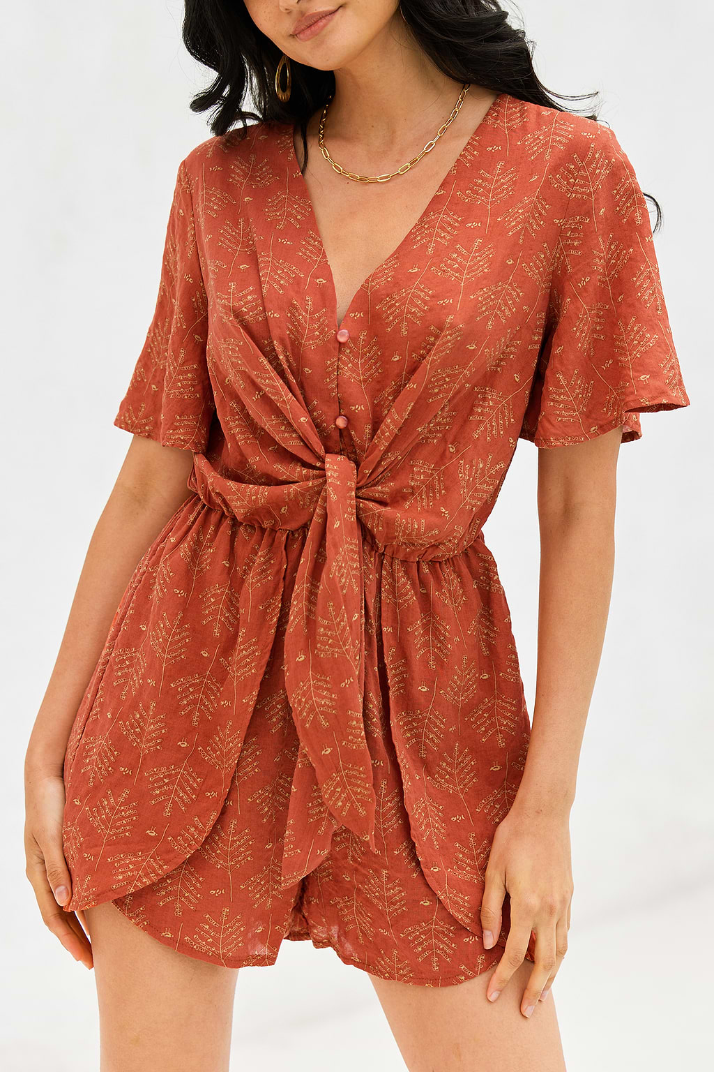 Abstract Leaf Print Tie Sash Romper