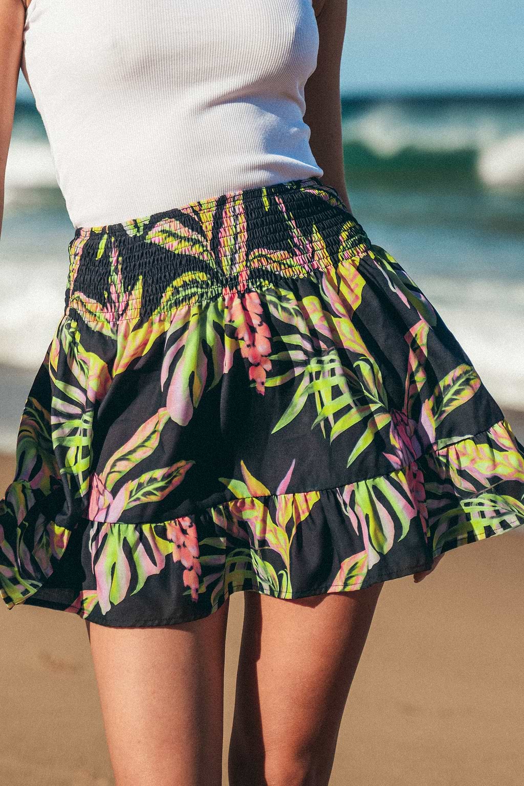 Tropical Leaf Print Smocked Skirt