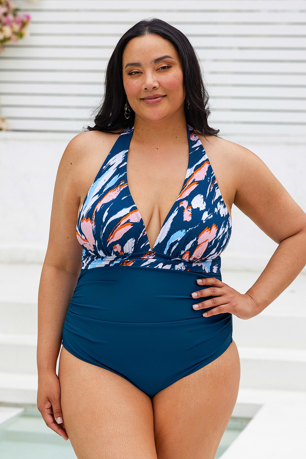 Graffiti Board Plunge Halter Plus Size One Piece Swimsuit