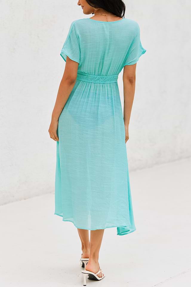 Seafoam Plunging Smocked Cover-Up Maxi Dress