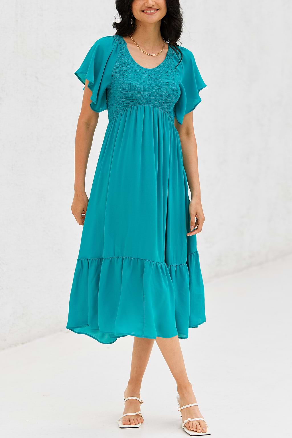Ocean Blue Smocked Ruffled Dress