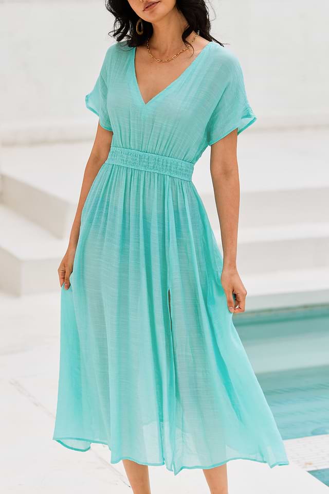 Seafoam Plunging Smocked Cover-Up Maxi Dress
