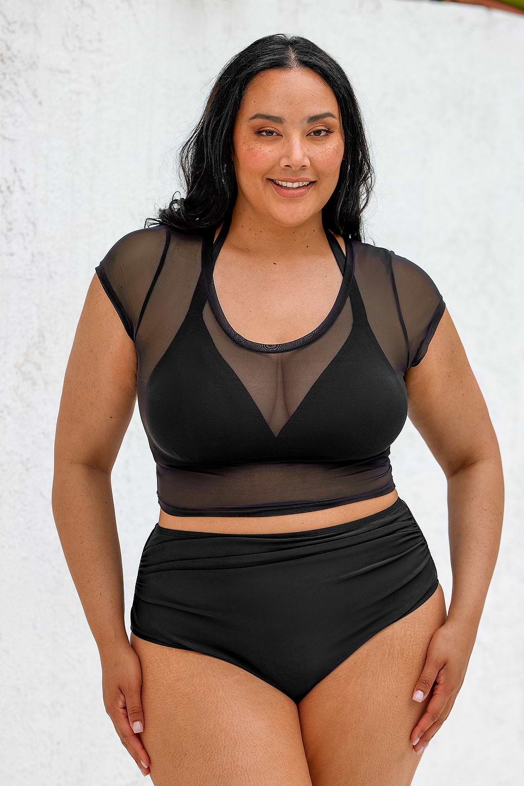 Night Blossom Mesh Top Triangle & High Waist Plus Size Bikini Set