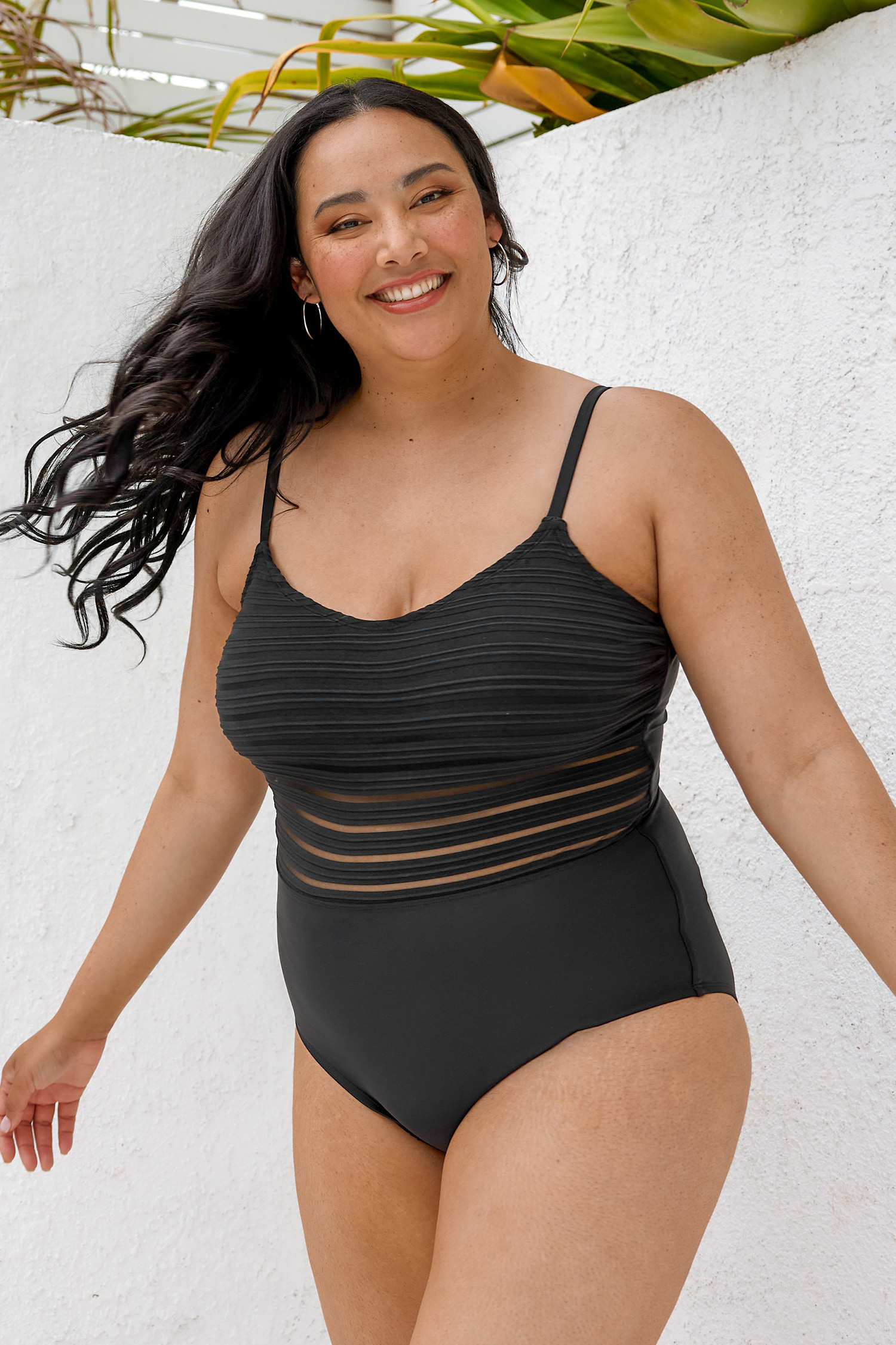 Sheer Shore Mesh V-Neck Plus Size One Piece Swimsuit