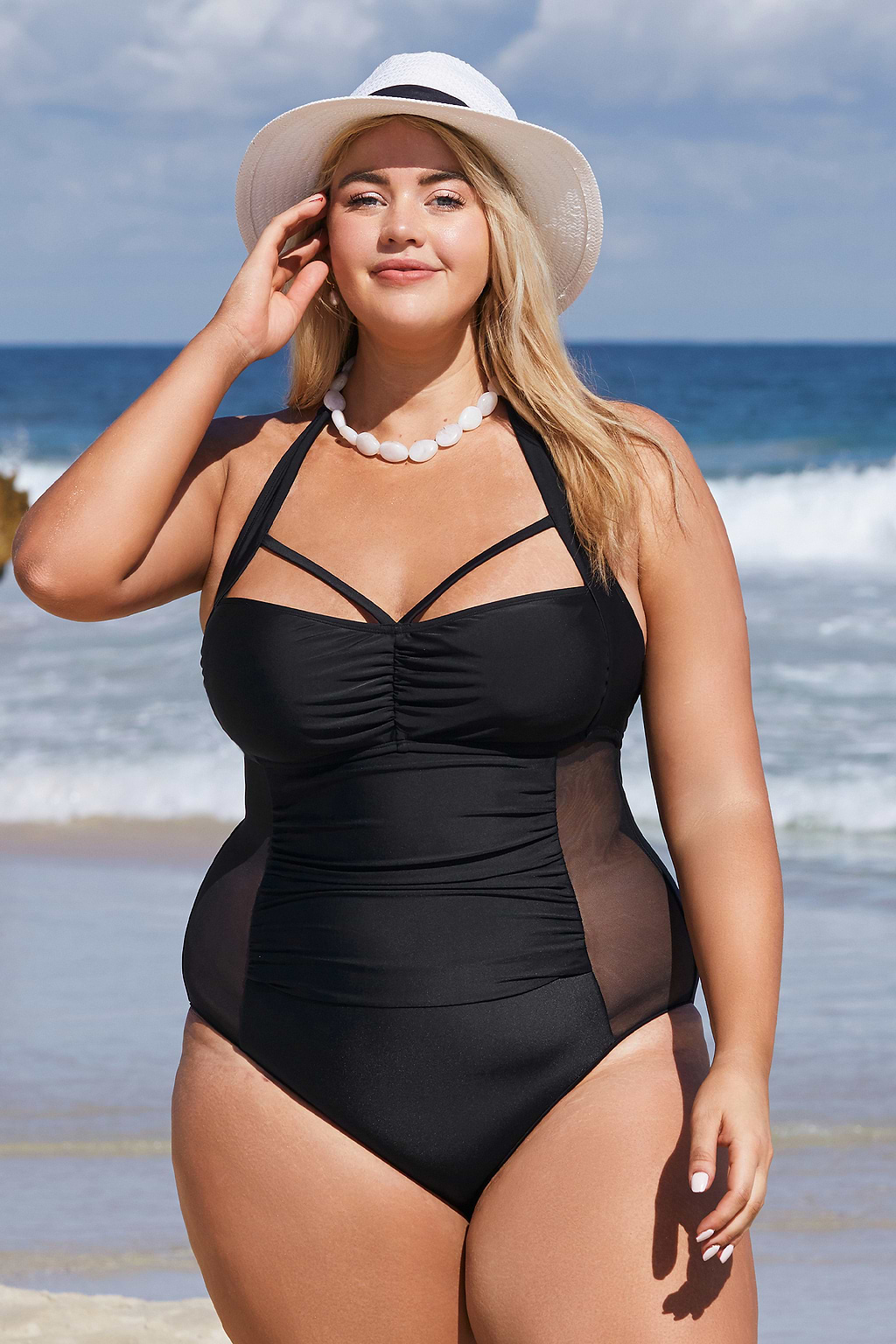 Plus Size Black Strappy Shirred Mesh One Piece Swimsuit