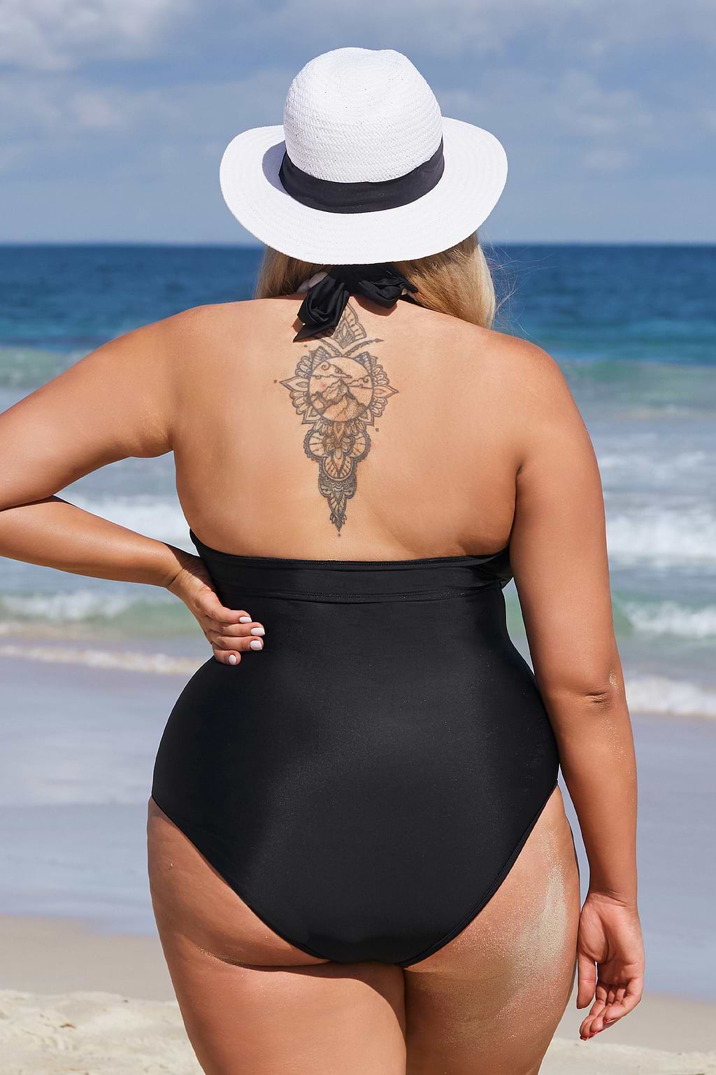 Plus Size Black Strappy Shirred Mesh One Piece Swimsuit