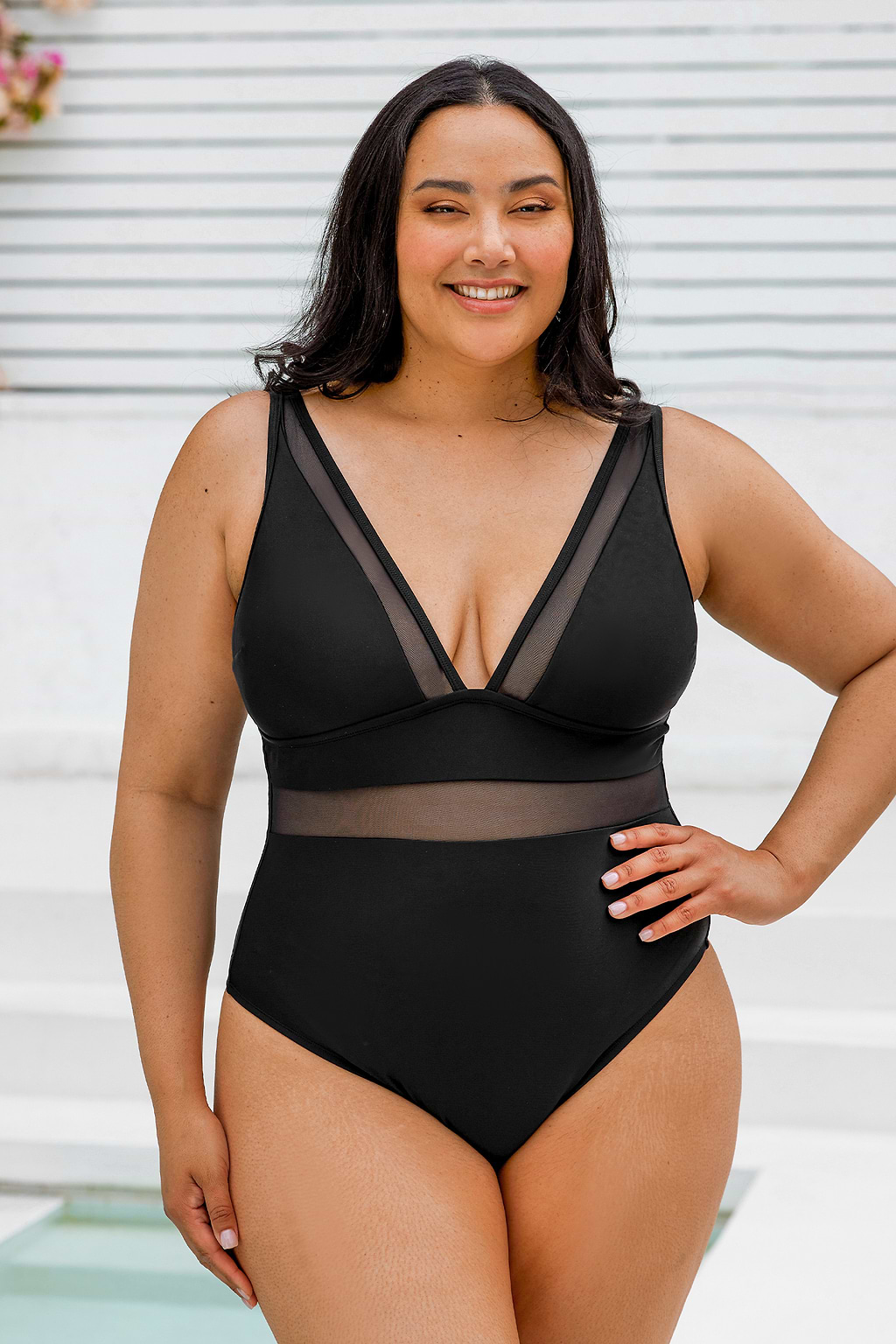 Omniscient Solid Mesh Panel Tummy Control Black Plus Size One Piece