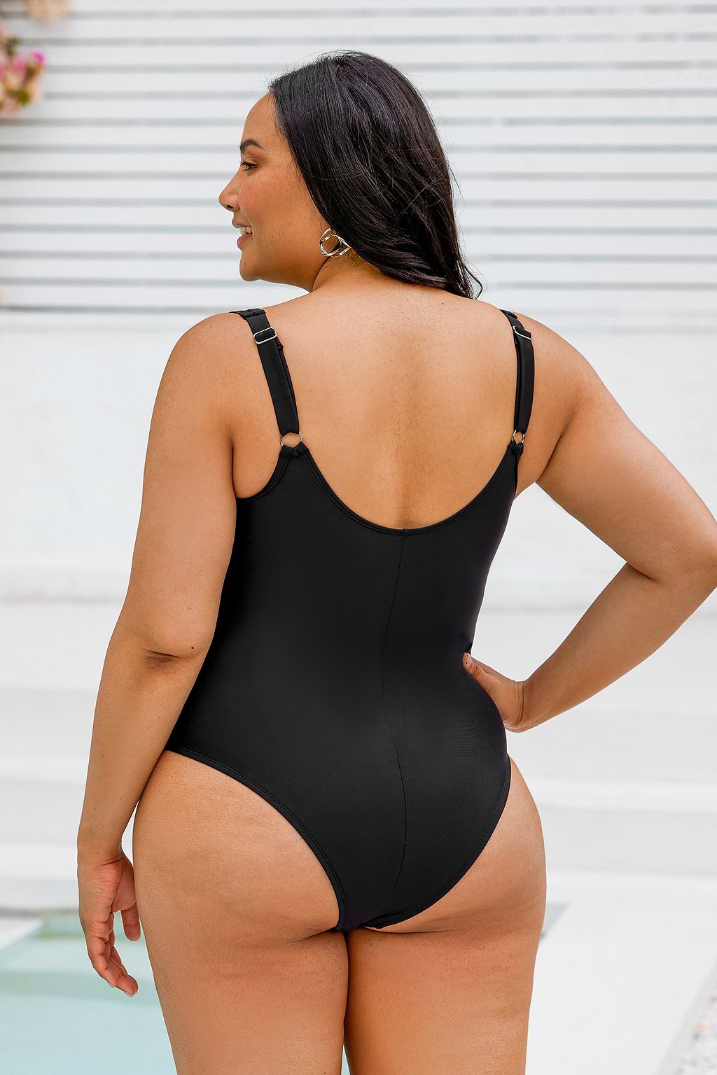 Omniscient Solid Mesh Panel Tummy Control Black Plus Size One Piece