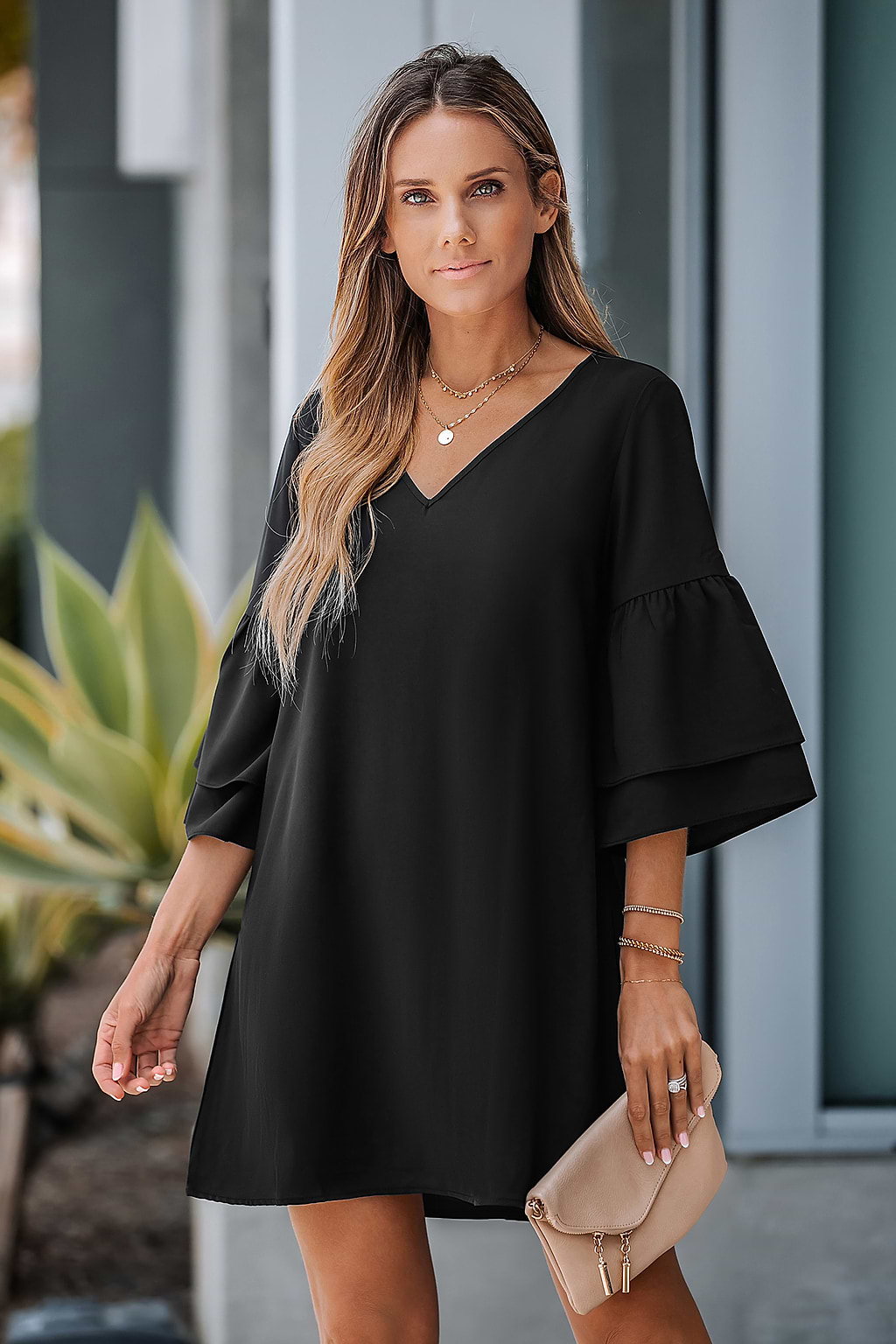Black Pearl V-neck Flared Sleeve Short Dress