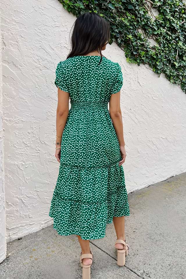 CUPSHE Bubble Sleeve Ruffle Loose Waist A-Shape Ruffle Dress Summer Short  Sleeve Square Neck Midi DresseL Green