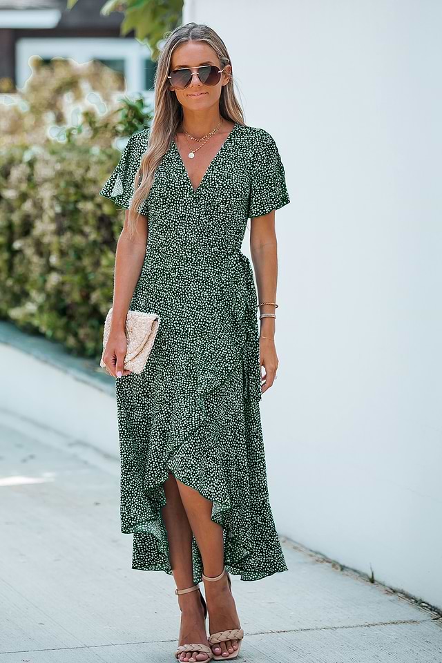 CUPSHE Vrouwen Zomer Wrap Maxi Jurk Casual Split Uitlopende Mouw V-hals