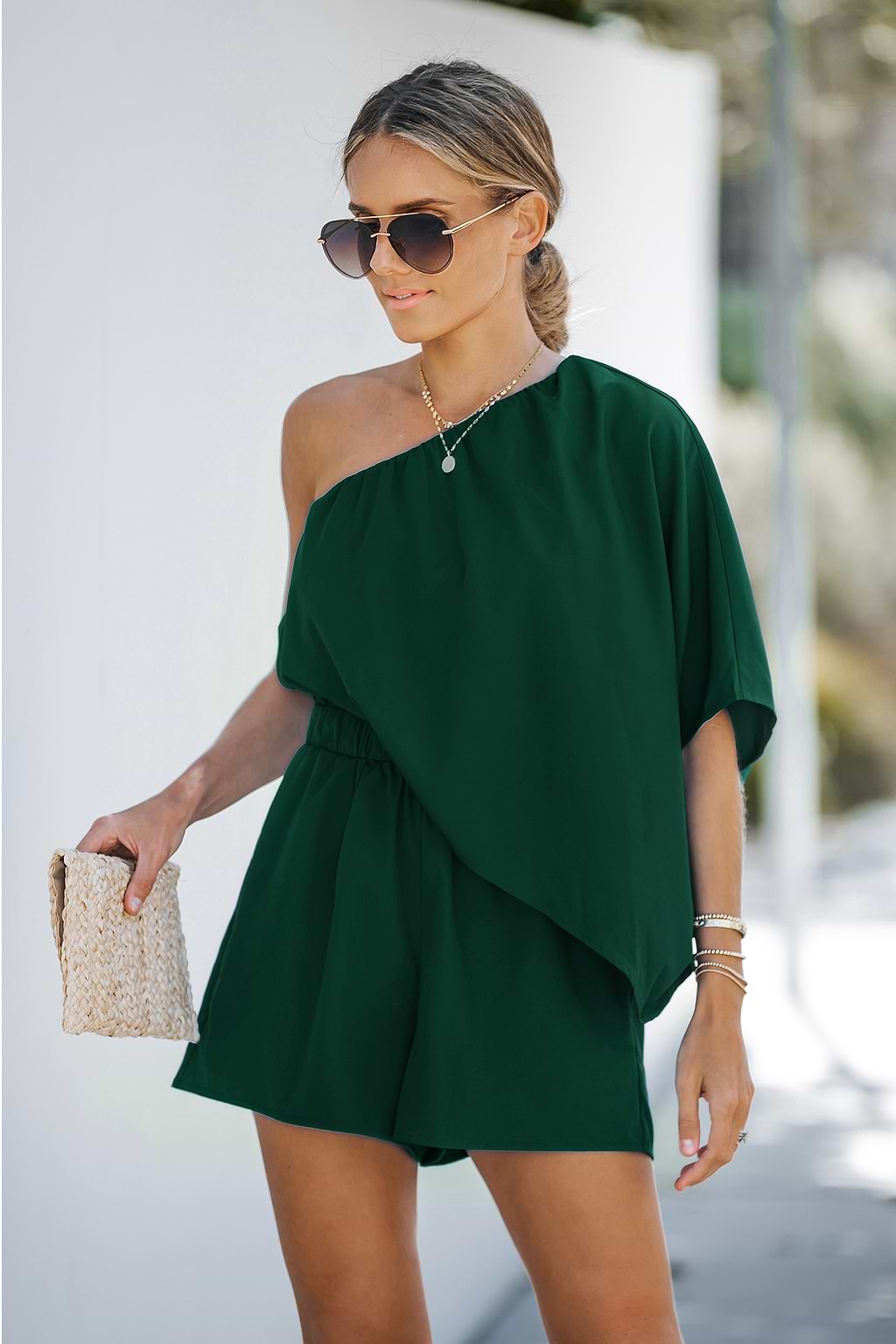 Olive Green One-Shoulder Romper