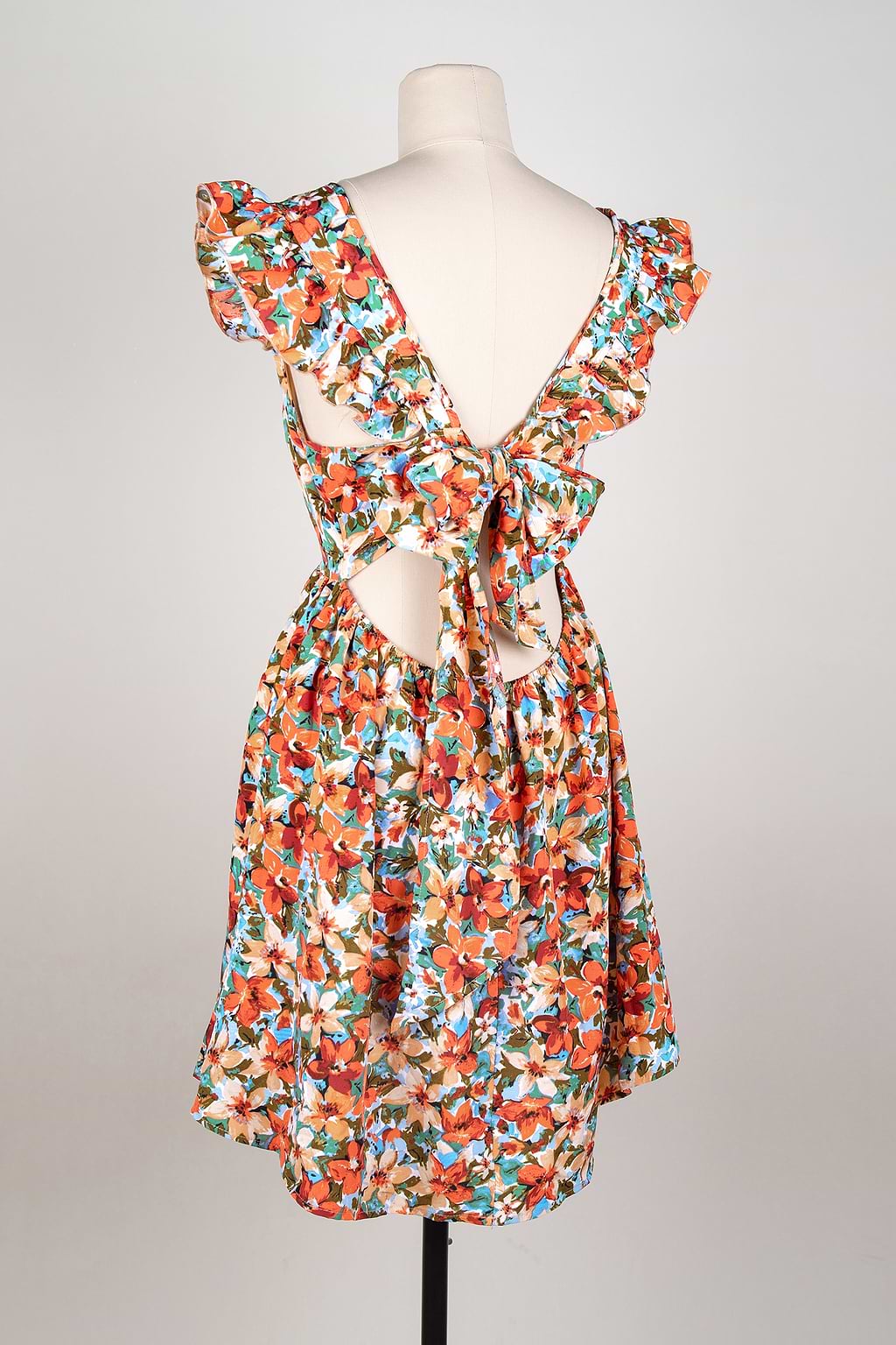 Bowknot Floral Print V-Neck Mini Dress