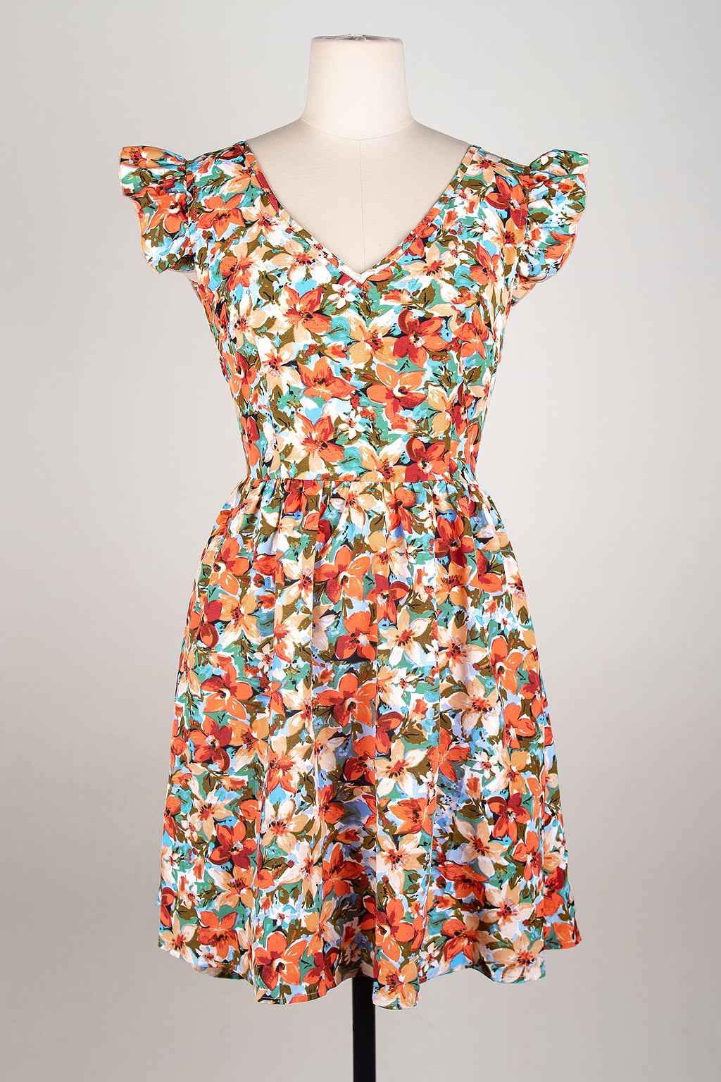 Minikleid mit gerüschten Ärmeln und Blumenmuster