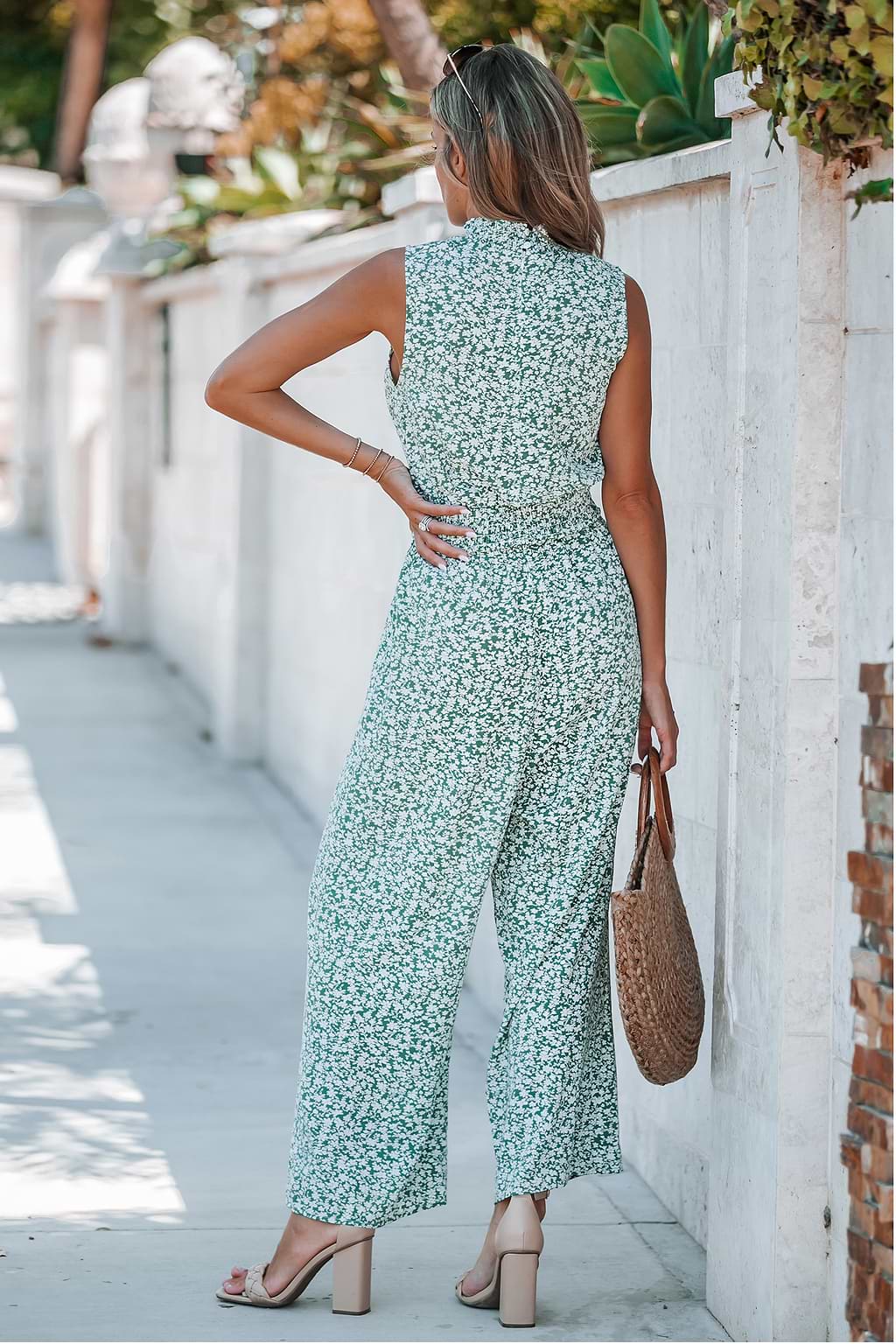 Ditsy Floral Sleeveless Smocked Jumpsuit