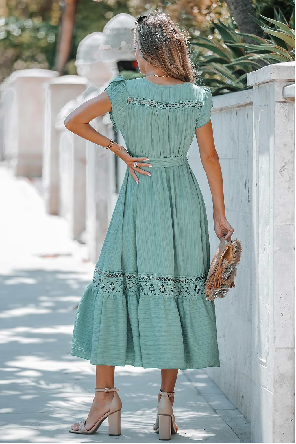 Belted Lace V-Neck Maxi Dress