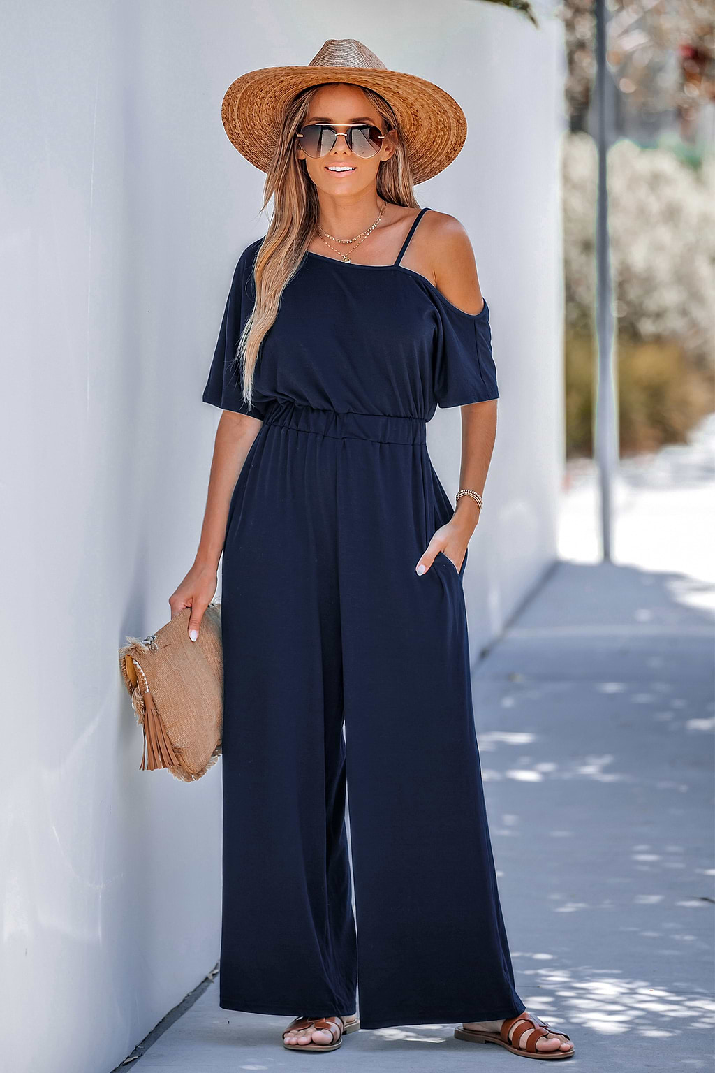 Midnight Blue Open-Shoulder Jumpsuit