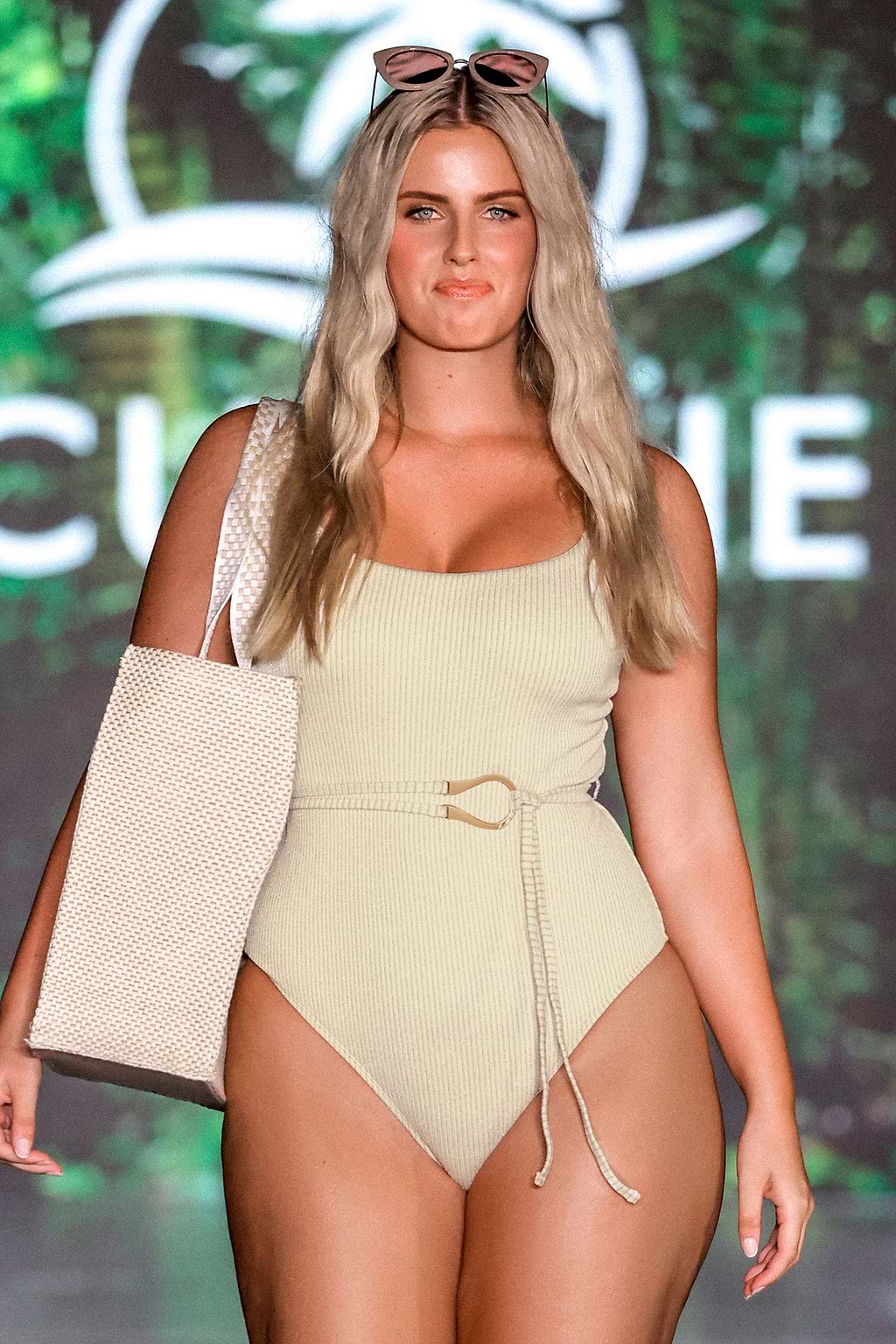 Belted Oatmeal Lurex Scoop Neck One Piece Swimsuit