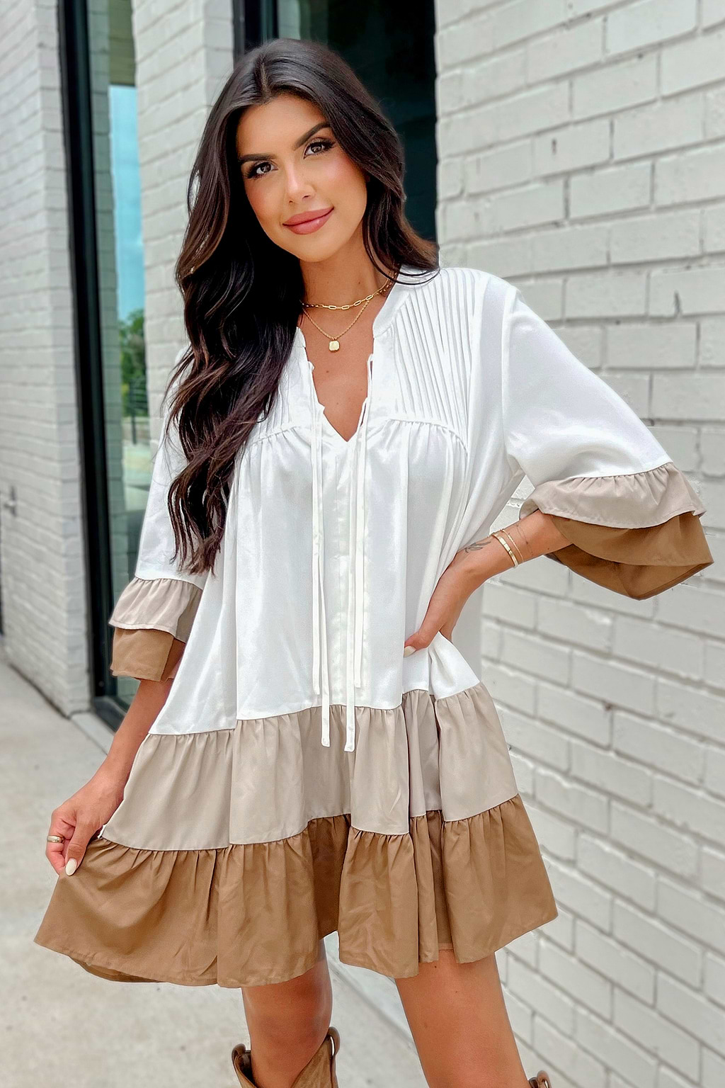 Ruffled V-Neck A-Shape Dress