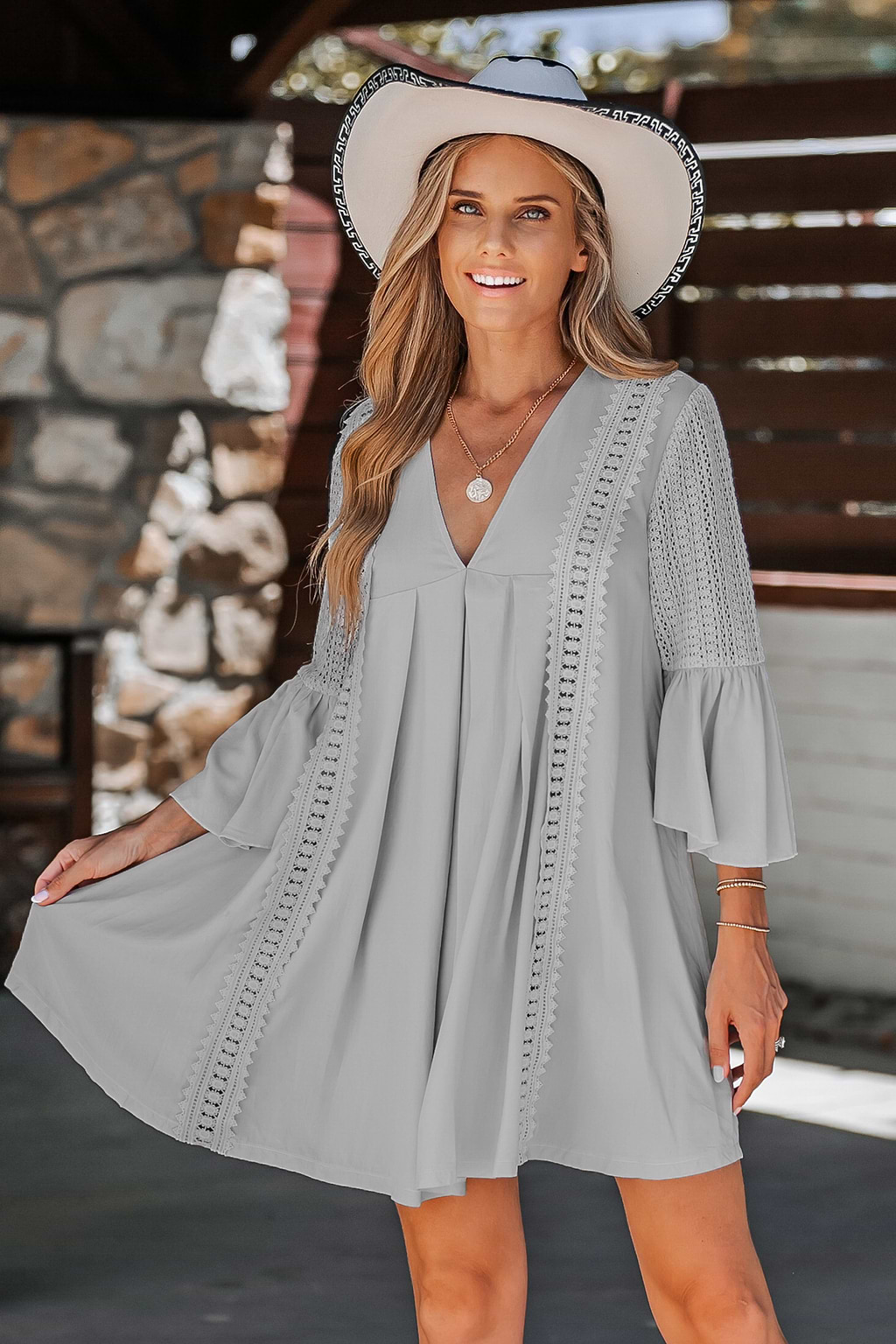 Lace V-Neck Flowy Mini Dress