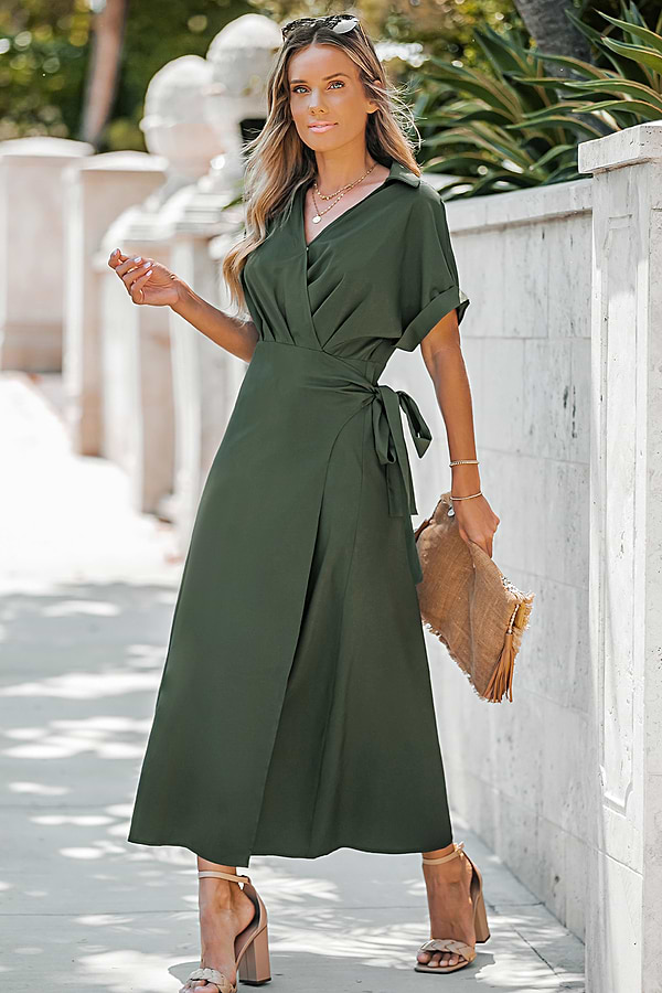 green emerald velvet dress Dark Olive Washed Button Down Belted Midi Dress – PinkBlush main image 0