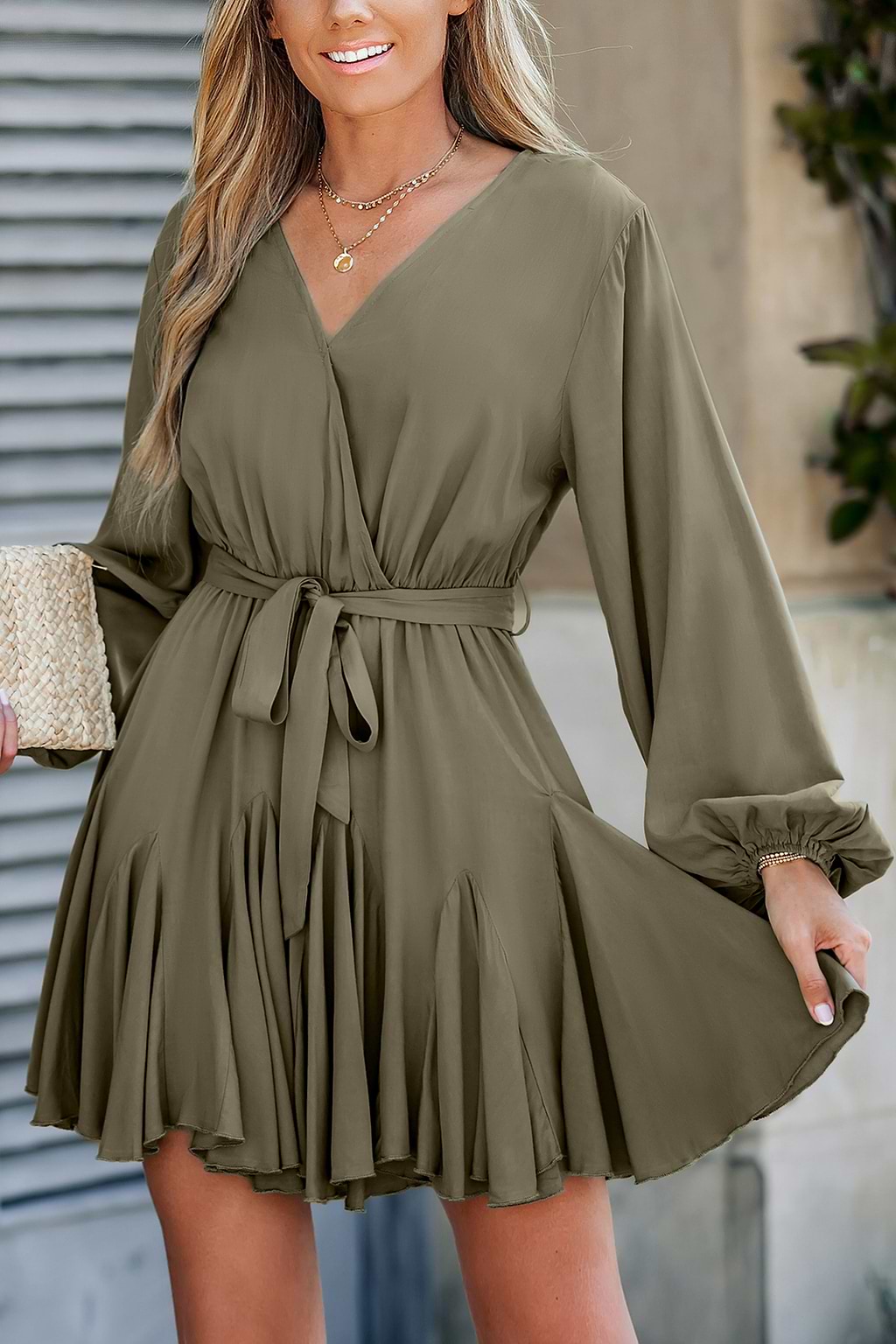 Belted Peasant Sleeve Mini Dress