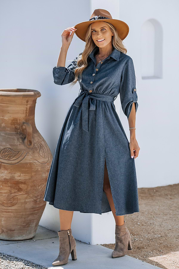 knee length dresses for ladies Women's Long Sleeve Linen Button Down Midi Dress main image 1
