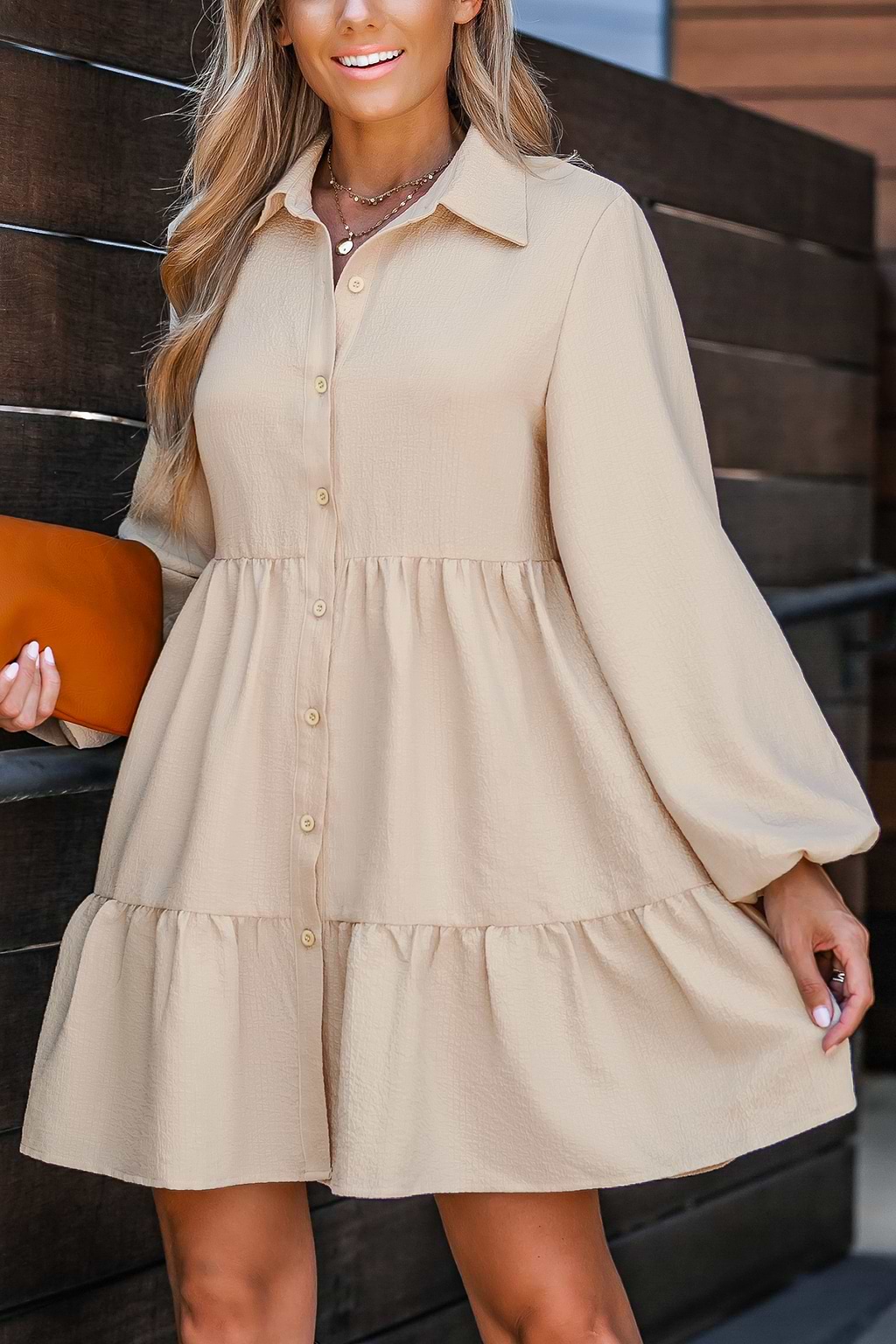 Sand Balloon Sleeve Mini Dress