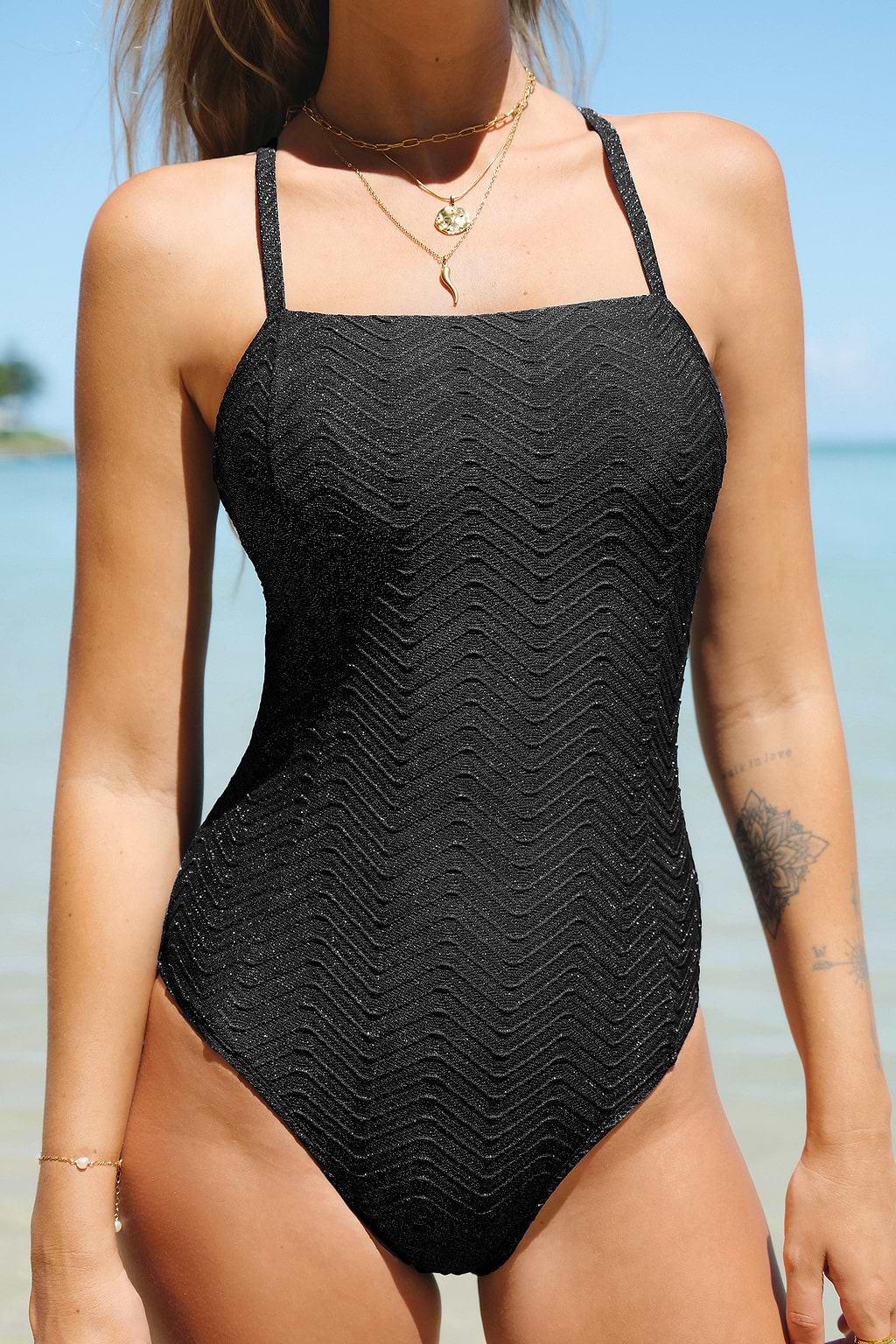 Golden Ripples Square Neck Tummy Control One Piece Swimsuit