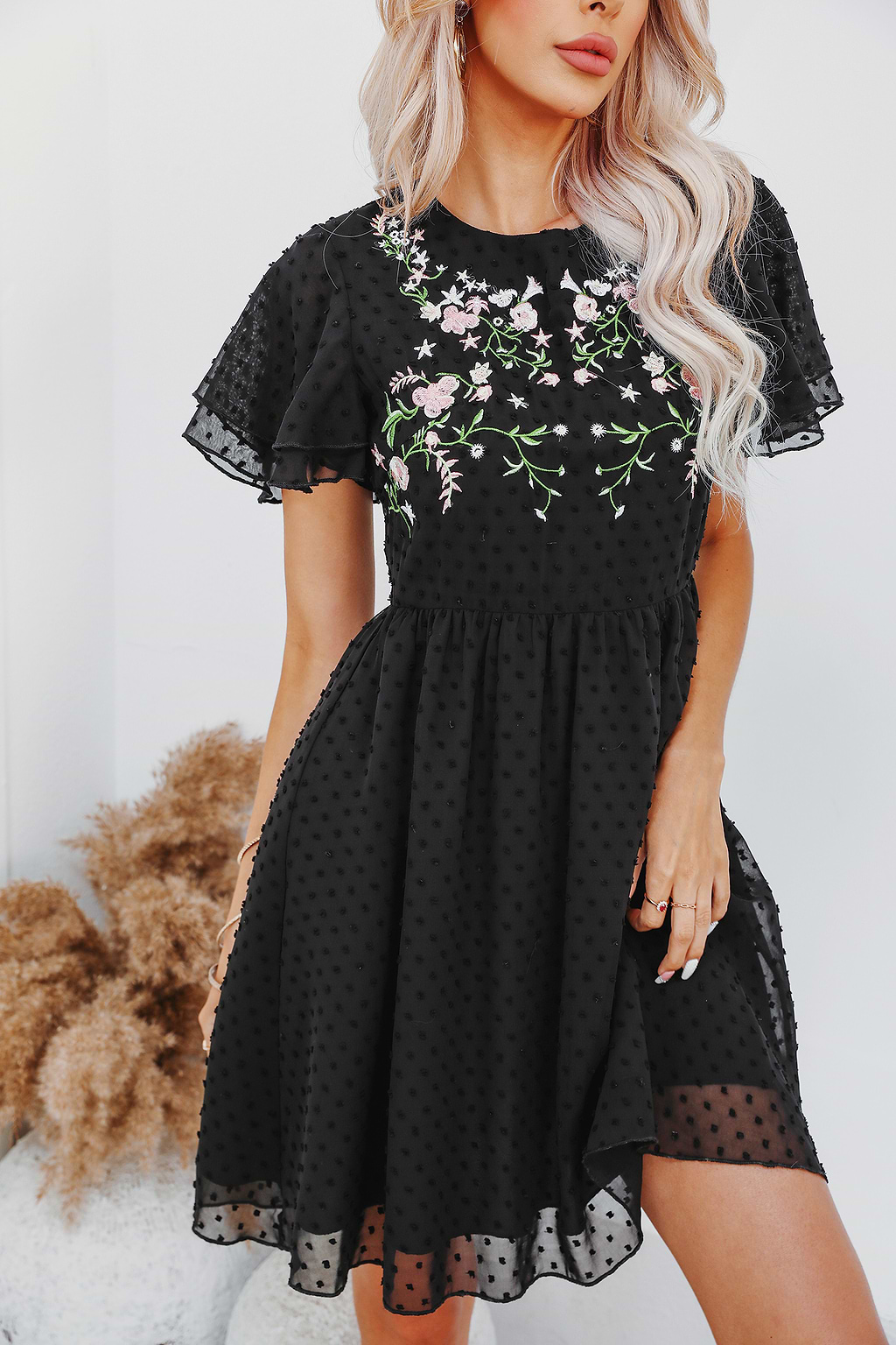 Freedom Beach Embroidered Floral Clip Dot Dress