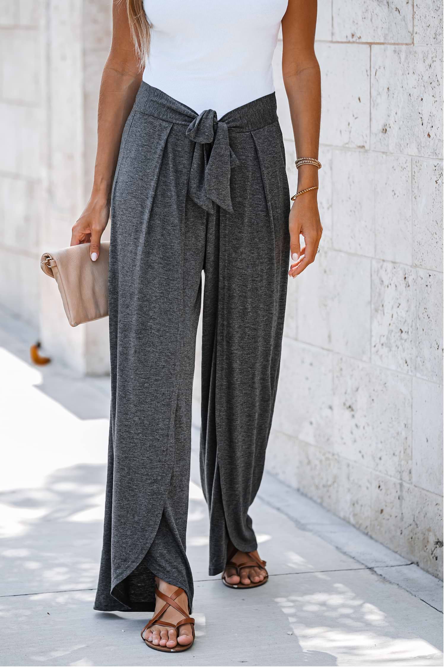 【2plan】Coachit belt wide pants Knotted Sash Belt Wide-Leg Pants